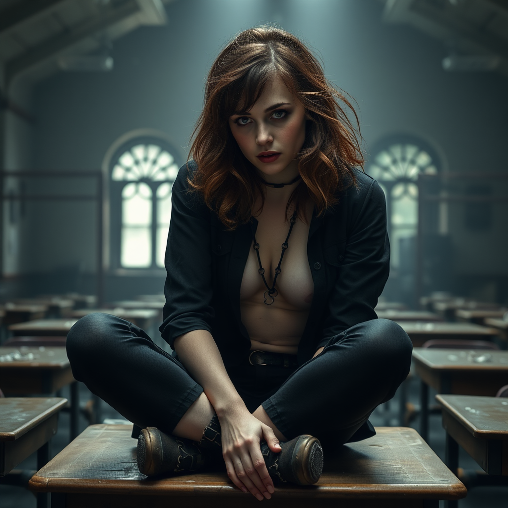 emma watson as hermione granger in goth clothes, tousled brown hair, seductive, braces, slightly open mouth, leaning forward, smudged pale makeup, sideboob, dirty socks, ragged clothes, bruised skin, flat chest, cleavage, sitting on desk cross-legged, full body shot, erotic, teasing, dark and moody, realistic skin details, drunk, abandoned hogwarts classroom in background, photorealistic, ultra high resolution, 16K, viewed from below