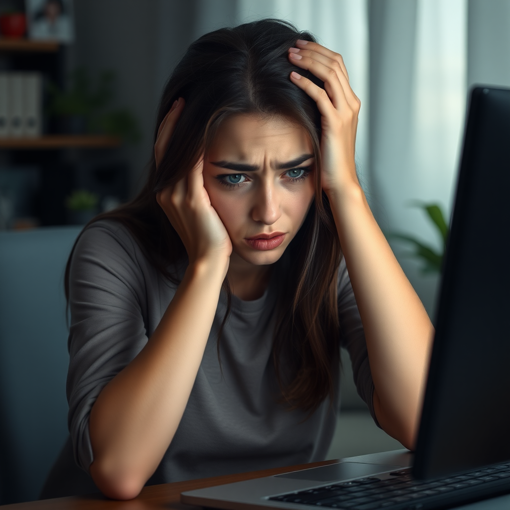 Create a realistic scene of a desperate young nice girl sitting in front of a computer. Her posture should reflect frustration, with her hands either on her face or gripping her head. Her surroundings are a typical home or office workspace, with dim lighting adding to the tense and stressful mood. The computer screen could show error messages, glitches, or something causing her distress. The woman’s expression should be a mix of anxiety, exhaustion, and despair, with subtle attention to facial details like furrowed brows or clenched jaws.