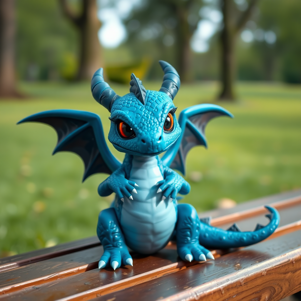 A realistic blue small dragon with two legs, two arms, black angry eyes with red pupils and wings sitting on a bench in a park