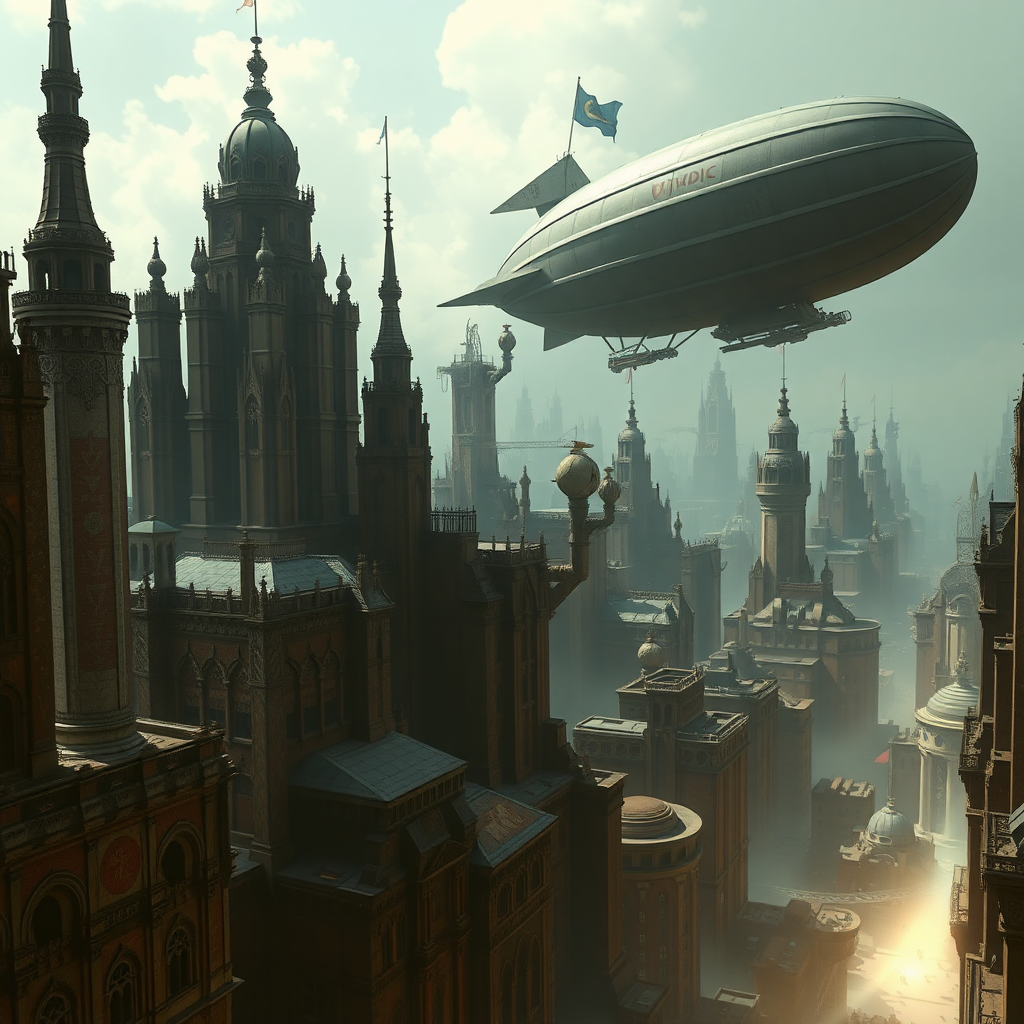 Brutalism Bioshock style city with flying zeppelin