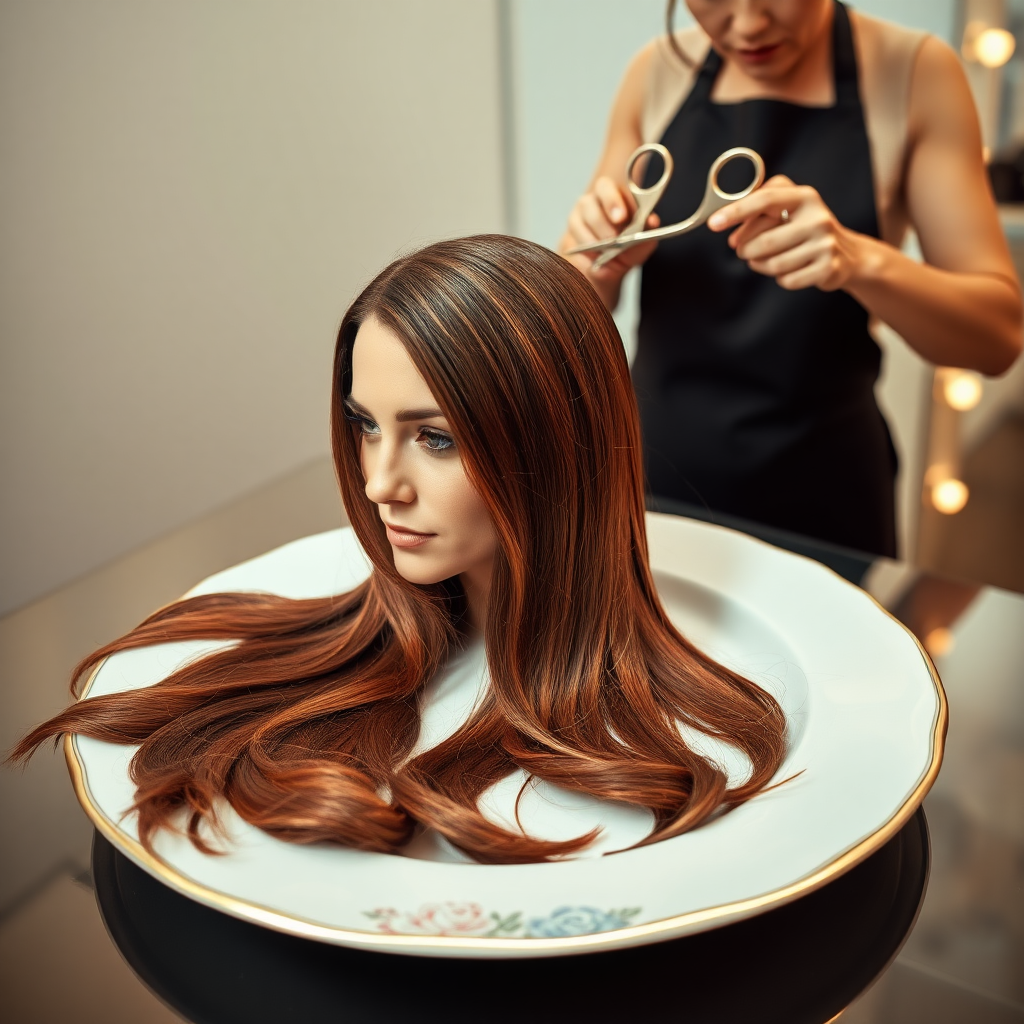 In a bizarre, surreal tableau, the polished surface of an elegant dining plate cradles the disembodied head of a strikingly beautiful Kate Middleton, her long, flowing hair cascading like a glossy waterfall of deep chestnut and honey highlights. The hair is luxuriously arranged, strands shimmering under the soft, ambient light that bathes the scene in an ethereal glow.

A skilled hairdresser, clad in a sleek black apron, stands poised with a pair of gleaming scissors, carefully trimming the endlessly luxurious locks that frame Kate's serene, almost ethereal features. The air is thick with the scent of salon products mingling with delicate hints of floral fragrances, creating an unusual yet strangely inviting atmosphere. The hairdresser's focused expression reveals a meticulous dedication as snippets of hair fall gracefully onto the pristine plate, echoing a sense of both artistry and absurdity.

The overall emotional tone conveys a dreamlike quality, inviting viewers to ponder the juxtaposition of beauty, identity, and the bizarre circumstances that bind them in this extraordinary moment.