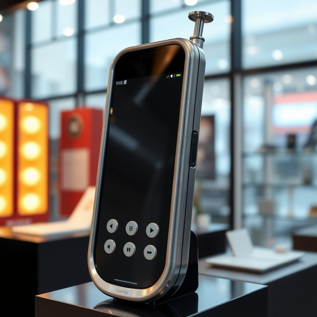 A mobile phone in the shape inspired by a syringe, metallic futuristic, kept for sale, in a showroom.