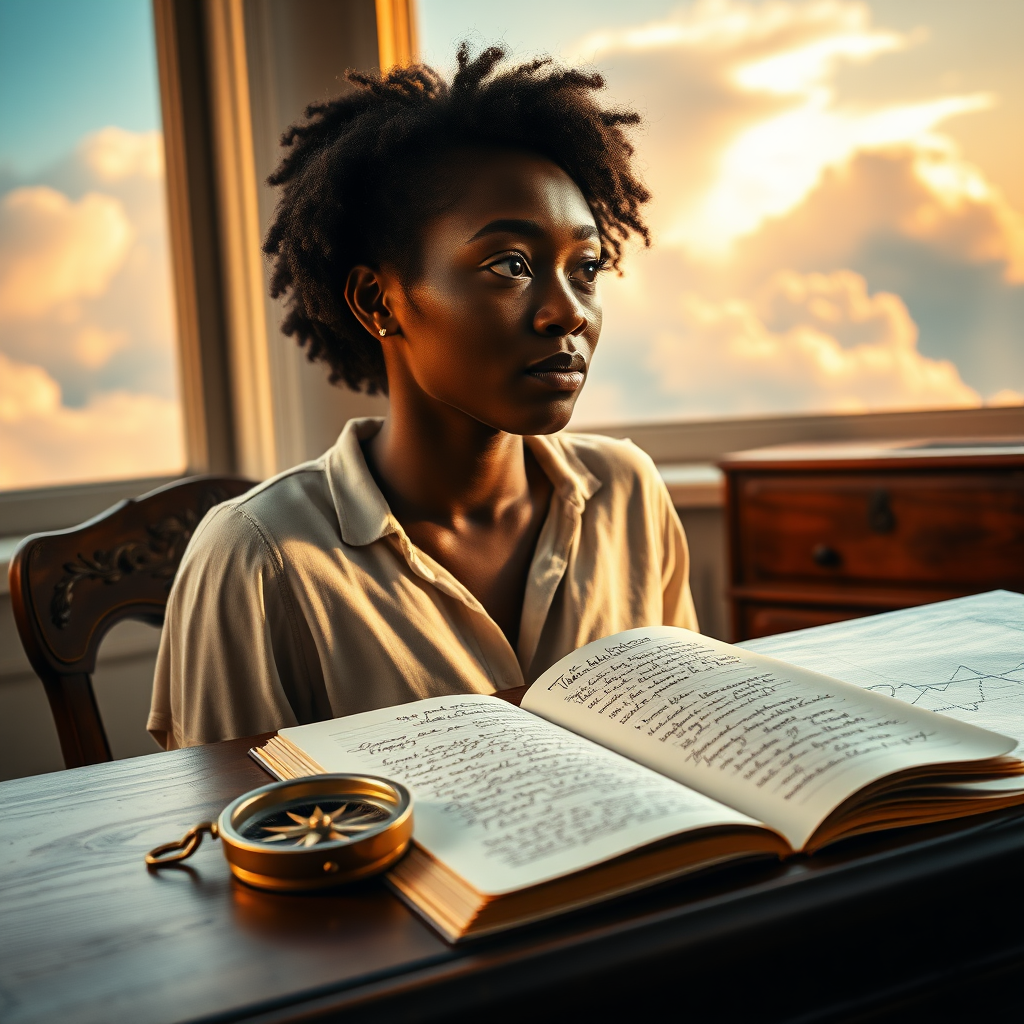 A close-up shot taken with a Canon EOS R5 using a 50mm f/1.8 lens captures a serene and contemplative black woman in her late twenties. She sits at a vintage wooden desk, her gaze fixed thoughtfully out of a large window as the soft light of the late afternoon sun bathes her face in warm, golden hues. Behind her, abstract clouds in shades of blue and orange swirl, symbolizing the swift passage of time. On the desk, a beautifully crafted compass and an open journal filled with handwritten notes and sketches rest, evoking the idea of navigating time with purpose. The overall atmosphere is peaceful,