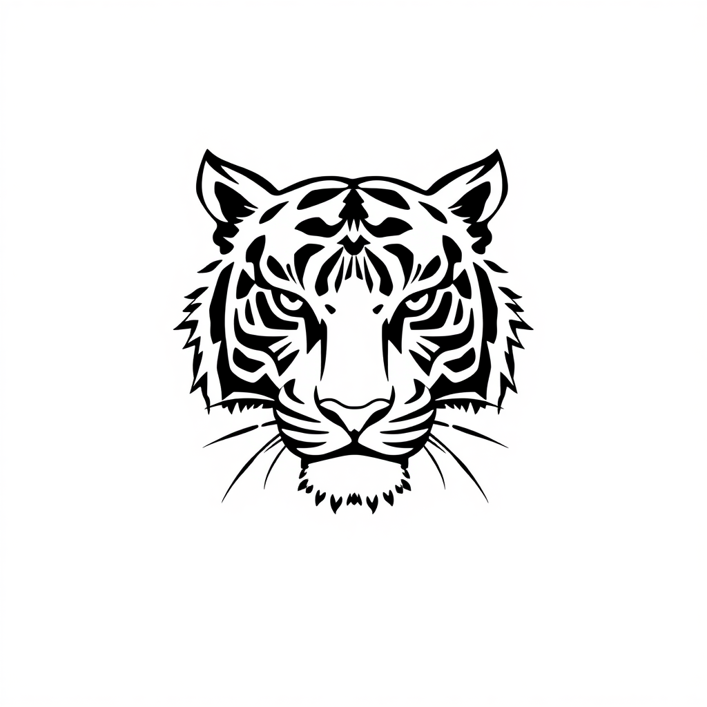 Create a minimalist, monochromatic tiger logo in the style of Sak Yant tattoo art. The design should feature a tiger's face drawn with simple, flowing lines, resembling a quick sketch done in ink or pencil. The overall look should evoke traditional Thai tattoo designs associated with Muay Thai culture. Ensure the image is entirely black and white, suitable for use as a web graphic or logo, with clean lines and a bold, easily recognizable silhouette.