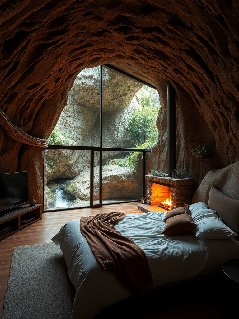 Inside the cave, stone wall texture, large viewing windows, natural light spilling in, cozy big bed, high-definition display, fusion of modern and natural, warm interior decor, the warm glow of a burning fireplace, soft lighting, green vegetation outside the window, a clear stream, light at the cave entrance, tranquil atmosphere.  
Real, reality.