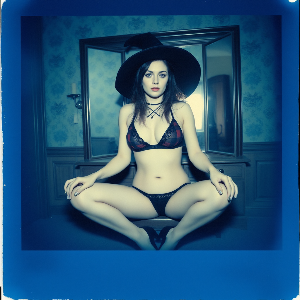 can of an old polaroid photo with heavy dark vignetting and a blue color tint to the photograph and visible light leaks. The photo depicts a sexy alt goth woman with pale skin. She has large breasts with ample cleavage and is wearing a plaid bra with triangle shaped cups. She is wearing a witch hat. The image looks hazy and grungy. She is in an old house with wallpaper on the walls. Dark lighting with camera flash used. Candid. she is wearing a tiny revealing lace thong. She is sitting on a builtin vanity with a mirror with her knees spread apart. She is wearing black high heels.