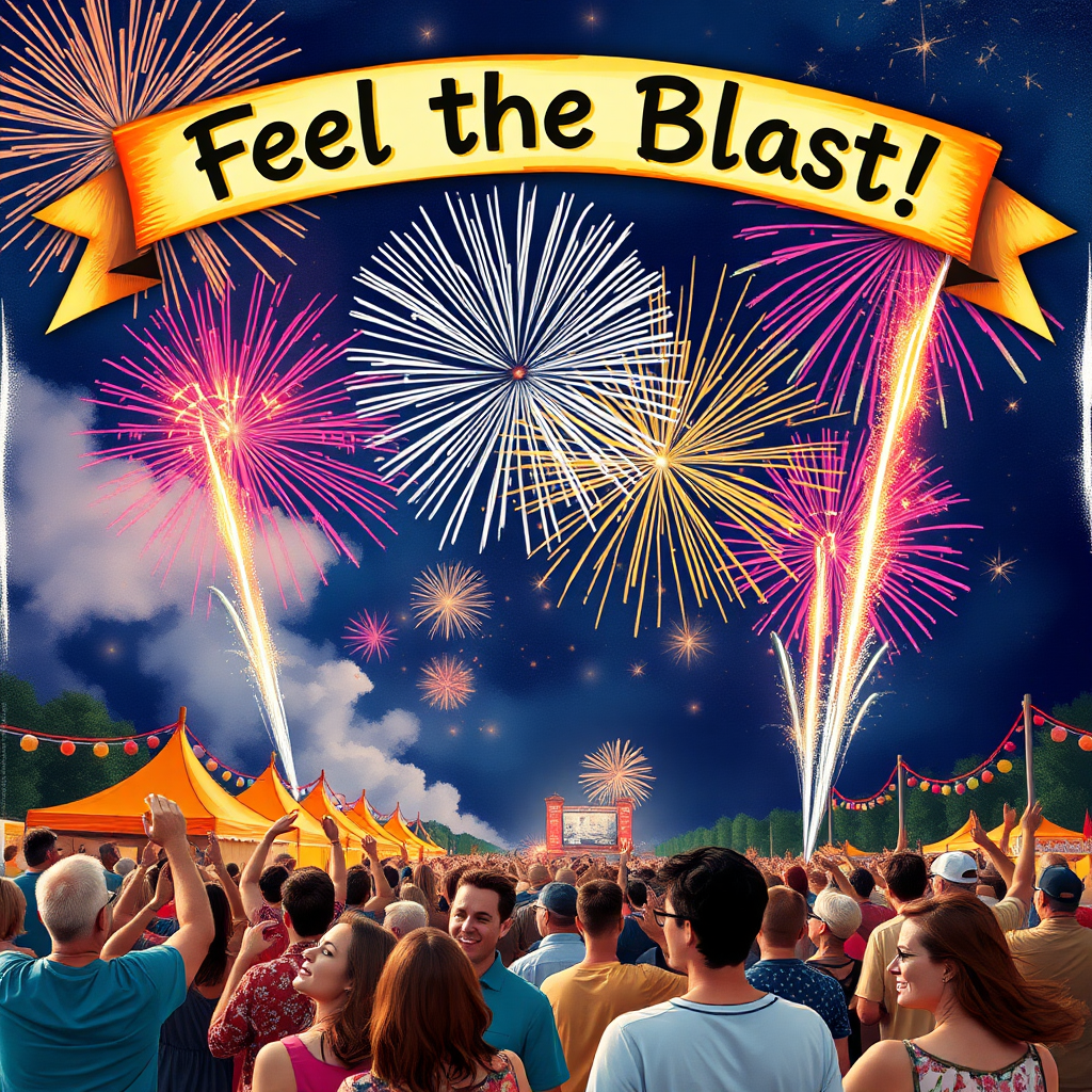 An imaginative scene depicting vibrant fireworks exploding in the night sky over a festival crowd, with some people cheering in excitement while others look surprised, and a banner overhead that reads, "Feel the Blast!"