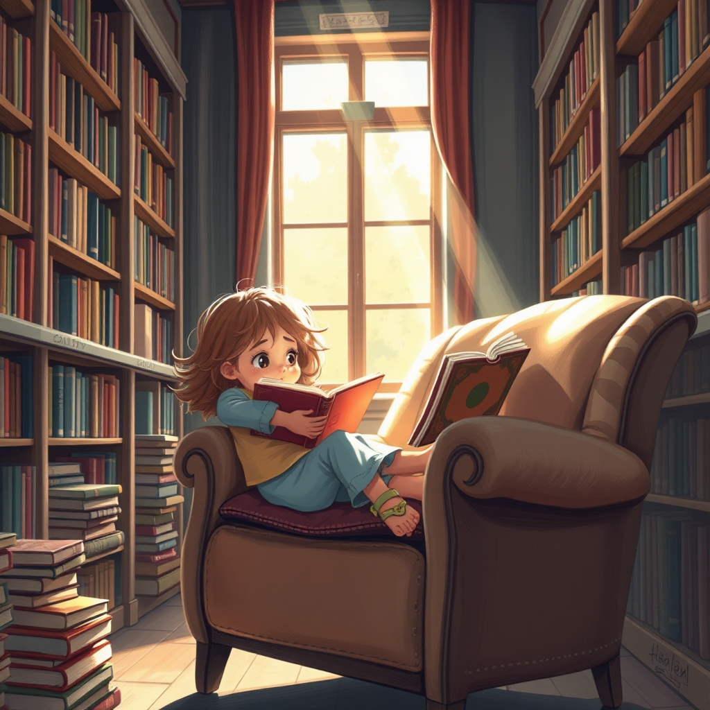 In a cozy corner of a bustling library, a young girl sits engrossed in a book, her tiny legs dangling from the oversized armchair. Her wild curls cascade over her shoulders, framing a face filled with wonder and curiosity. Sunlight streams through the nearby window, casting a warm glow on the scene, creating a moment of peace and tranquility amidst the surrounding chaos.