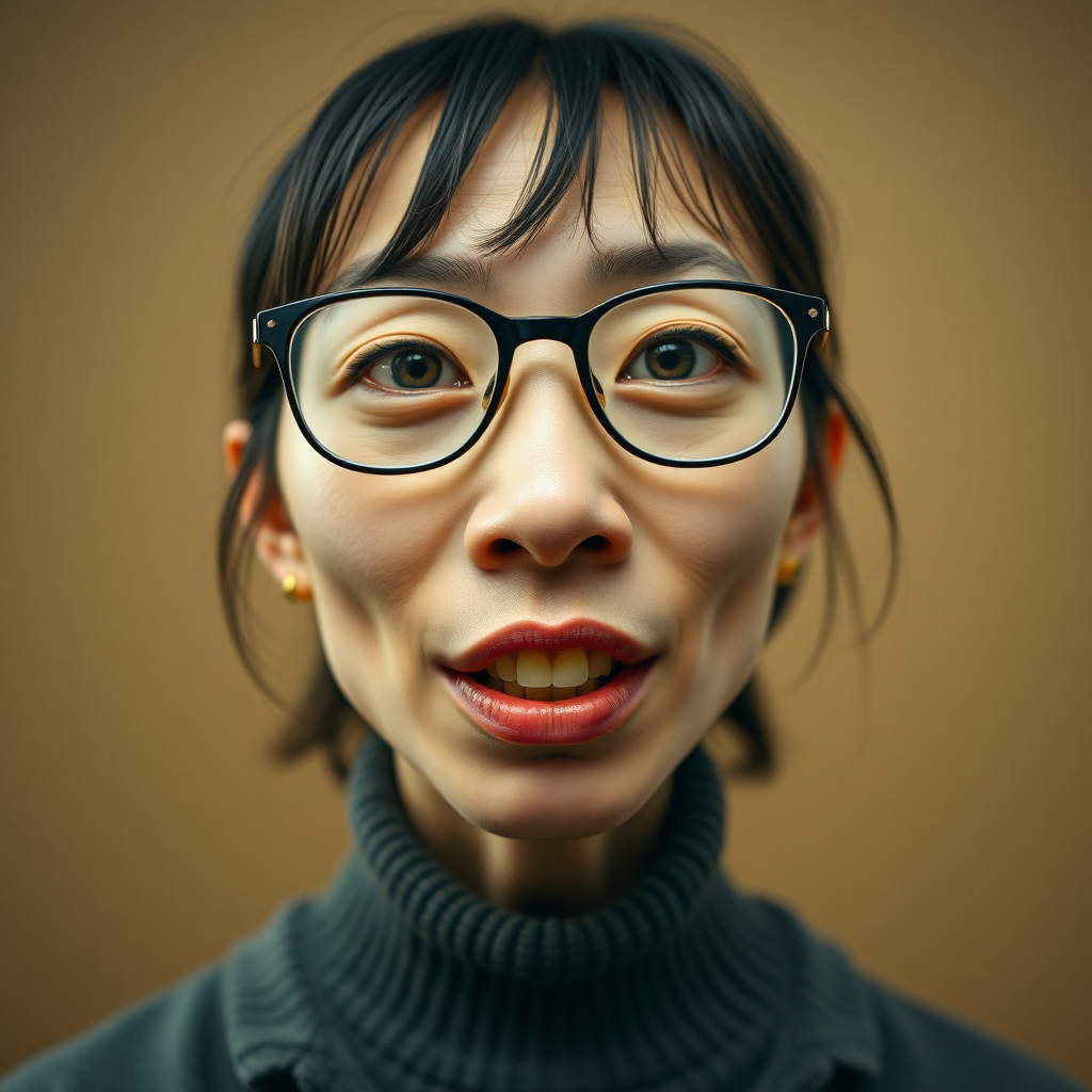 real casual photo, japanese nerdy skinny adult woman with big nose, big mouth, big yellowish teeth, moles, big eyeglasses and medium hair, serious expression