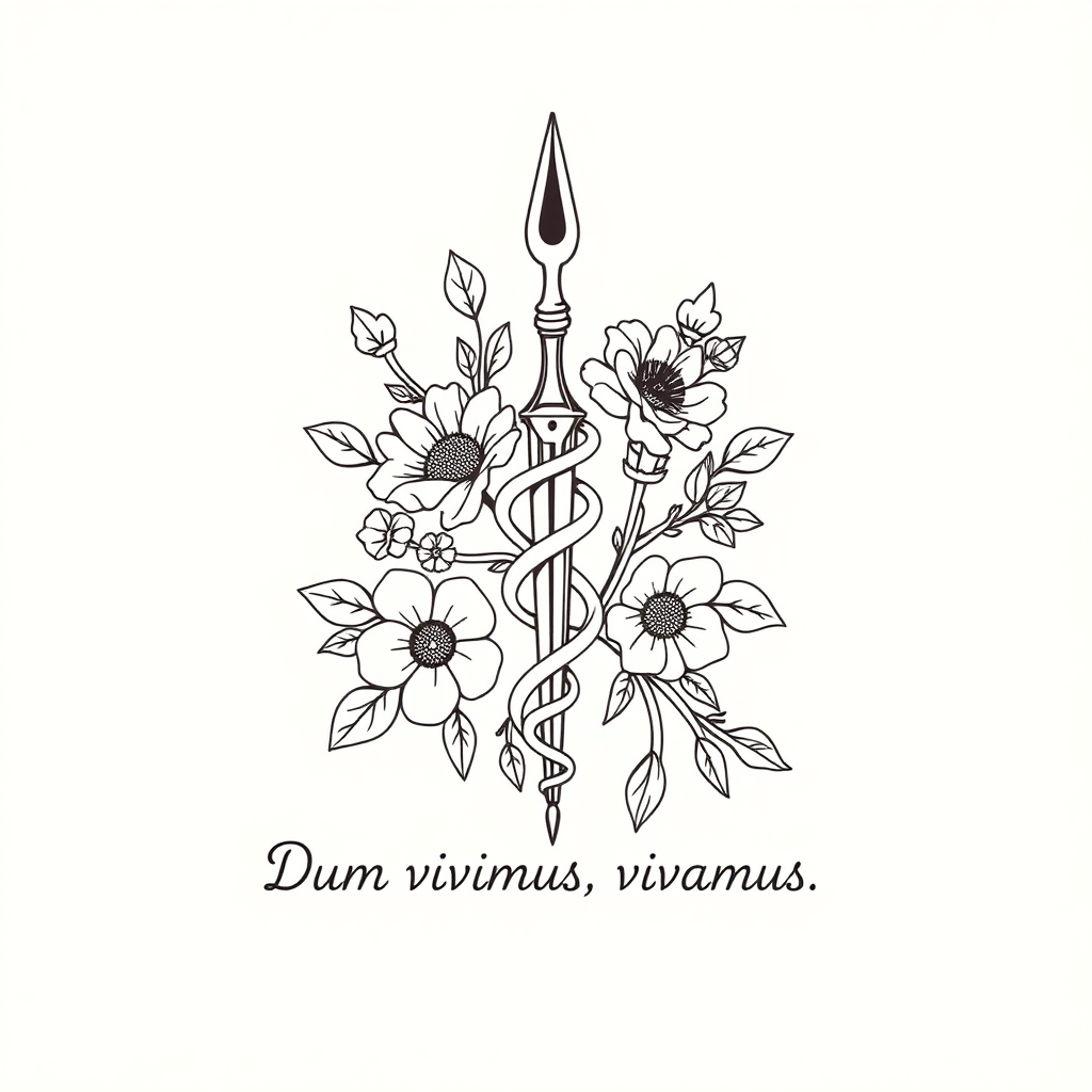 a black on white, floral, line design containing a scalpel, an asclepius staff, and a line of text saying "Dum vivimus, vivamus"