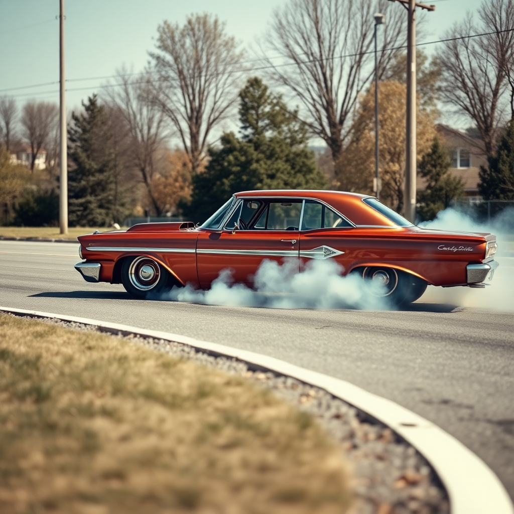 The drag car is parked on the side of the road, inspired by Taiyō Matsumoto, tumblr, restomod, nd4, c4 metallic shine classic american low rider custom paint ford alev desenler