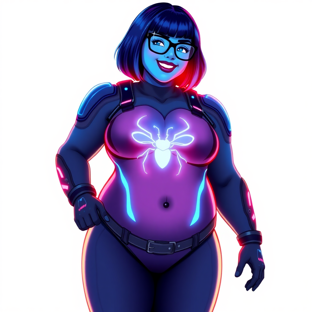 A 28-year-old full-figured computer science major, now transformed into a full-figured, nerdy digital sidekick for her cyberpunk vigilante boyfriend, with maximum blue skin. Her bob cut seamlessly blends with her skin, appearing to merge together as computer data, and her neon blue eyes glow intensely. Her full figure is defined by a prominently round gargantuan midsection, sequoia-sized limbs, and broad shoulders. As a loyal and supportive sidekick, she plays a crucial role in their missions, using her digital skills to assist and protect.

She wears a digital, computerized bodysuit which blends with her hair and skin (appearing to merge together like computer data), all are colored maximum blue. The bodysuit has a glowing neon blue beetle chest icon, along with matching high-tech gloves. She bashfully giggles with a neon red blush, emitting neon blue data cubes from her body, set against a solid white background. Heavily pampered by her doting boyfriend, her full figure (especially her prominently round gargantuan midsection) clearly shows this care. She has the ability to hack into computers and machines, and her nerdiness is blatantly obvious with her black oversized eyeglasses. Her full figure (especially her prominently round gargantuan midsection) is prominently displayed and heavily emphasized. Her outfit is influenced by DC’s Jennifer Knight Phantom Lady but remains distinct. She is drawn as if she was in a retro 2D cyberpunk fighting game. Ensure her skin color is distinct from Inside Out's Sadness and any other character. Ensure her midsection is round and her proportions are bloated to emphasize her figure.