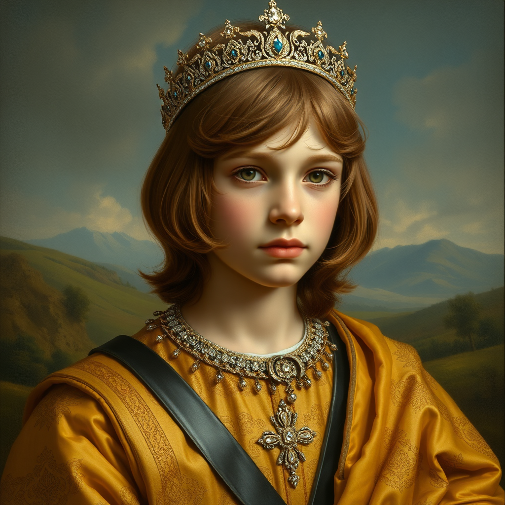 16yo teen boy prince, long bob cut, embroidered with gold and diamonds medieval cloths, diamond diadem, and Beautiful War. Free style by Adolphe William Bouguereau, Academic realism. The background is in the style of landscape style by Antonio del Polaiolo, Generating the signature at the bottom: Viva FLUX & Bach, ultra high resolution, 16K.