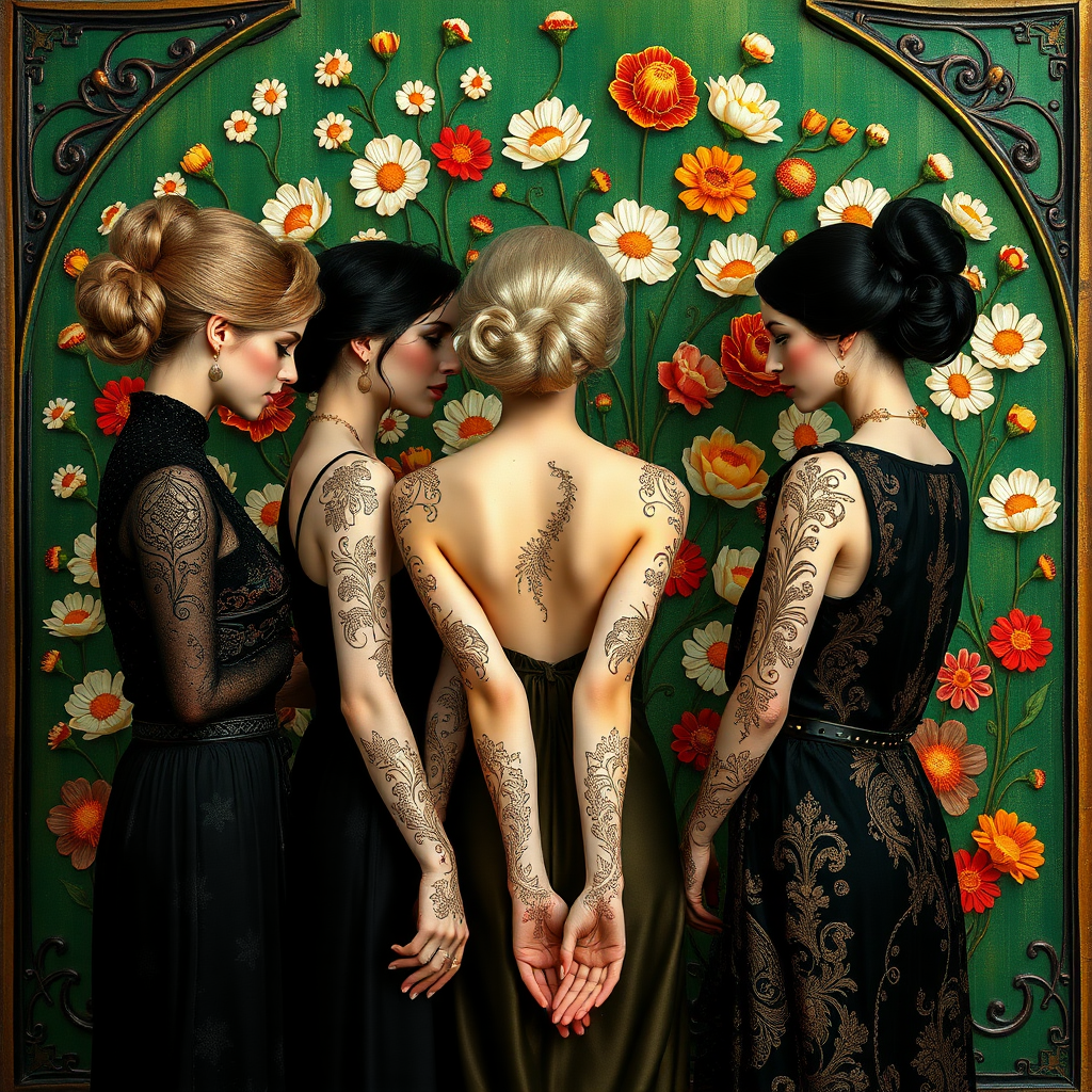 Prompt by picture with: In the Max Klimt style. Women (one is blonde and two are black-haired) with filigree henna tattoos on their hands and arms stand in front of an Art Nouveau relief with many small colorful flowers painted on a green background. They stand in a circle and hold each other's hands. They have very, very white skin. The hairstyles are updo hairstyles in Art Nouveau.