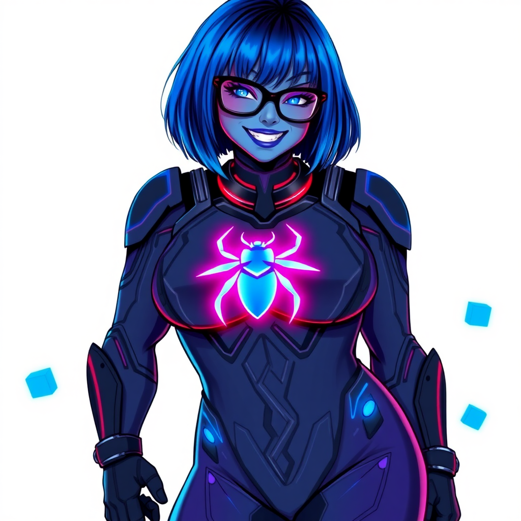 A 29-year-old computer science major, now transformed into a full-figured, nerdy digital sidekick for her cyberpunk vigilante boyfriend, with maximum blue skin. Her bob cut seamlessly blends with her skin, forming part of her data, and her neon blue eyes glow intensely. Her full figure is defined by a prominent round gargantuan midsection, sequoia-sized limbs, and broad shoulders. As a loyal and supportive sidekick, she plays a crucial role in their missions, using her digital skills to assist and protect.

She wears a digital, computerized bodysuit which blends with her hair and skin (appearing to merge together like computer data), all are colored maximum blue. The bodysuit has a glowing neon blue beetle chest icon, along with matching high-tech gloves. She bashfully giggles with a neon red blush, emitting neon blue data cubes from her body, set against a solid white background. Heavily pampered by her doting boyfriend, her full figure (especially her prominent gargantuan midsection) clearly shows this care. She has the ability to hack into computers and machines, and her nerdiness is blatantly obvious with her black oversized eyeglasses. Her full figure (especially her round gargantuan midsection) is prominently displayed and heavily emphasized. Her outfit is influenced by DC’s Jennifer Knight Phantom Lady but remains distinct. She is drawn as if she was in a retro 2D cyberpunk fighting game. Ensure her skin color is distinct from Inside Out's Sadness and any other character. Ensure her midsection is round and her proportions are bloated to emphasize her figure.