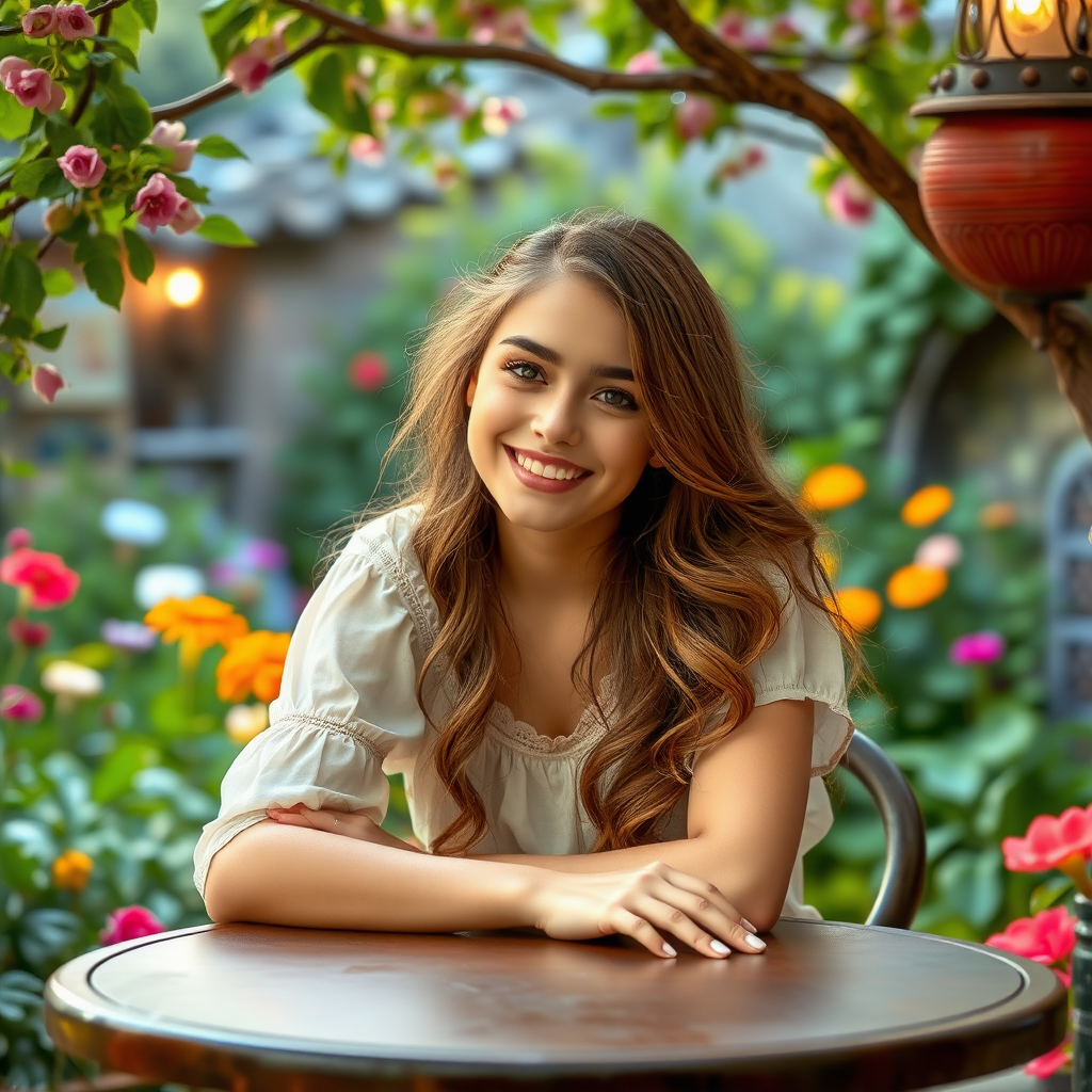 A pretty young lady is sitting in a fairytale garden, she is sitting at a table with her head on the table smiling.