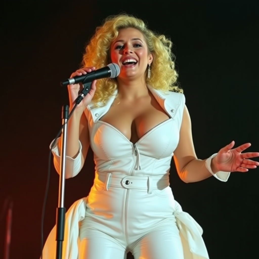 high energetic beautiful woman, age 24, very very large breasts, curly blonde hair, white leather top and pants, singing in front of a microphone, black background, warm lighting.