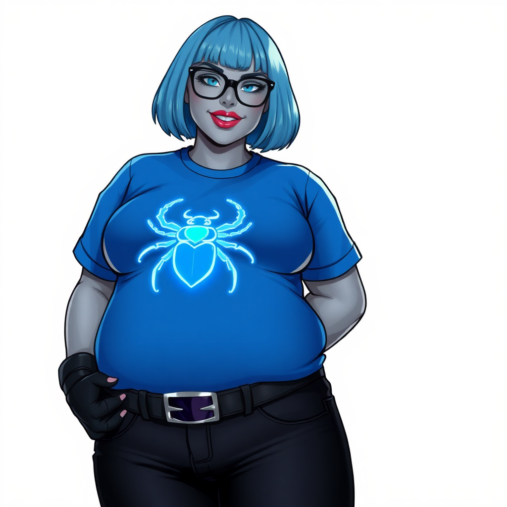 A 28-year-old, full-figured, metallic middle gray skinned computer program hybrid with a maximum blue bob cut. She has a non-athletic build, highlighted by a prominent, round midsection (with emphasis on her belly). As a digital sidekick, computer hacker, and nerdy girlfriend to her cyberpunk vigilante boyfriend, her middle gray metallic skin and maximum blue lipstick emphasize her digital nature. She wears a huge, tight-fitting, maximum blue t-shirt (accentuating her belly) with a neon blue glowing chest icon of a beetle, black pants, a black belt with a sapphire scarab buckle, and black gloves. Her bright blue eyes, black eyeglasses, and lovestruck smile with neon red blush accentuate her nerdiness. She stands bashfully with her hands behind her back, her t-shirt covering her midsection (especially her belly) and emphasizing her full-figured, non-athletic physique. She is on a solid white background. She is drawn as if she was in a retro 2D cyberpunk fighting game. She is clearly non-athletic, with a focus on her full-figured physique. Ensure her t-shirt covers her midsection (especially her round belly).