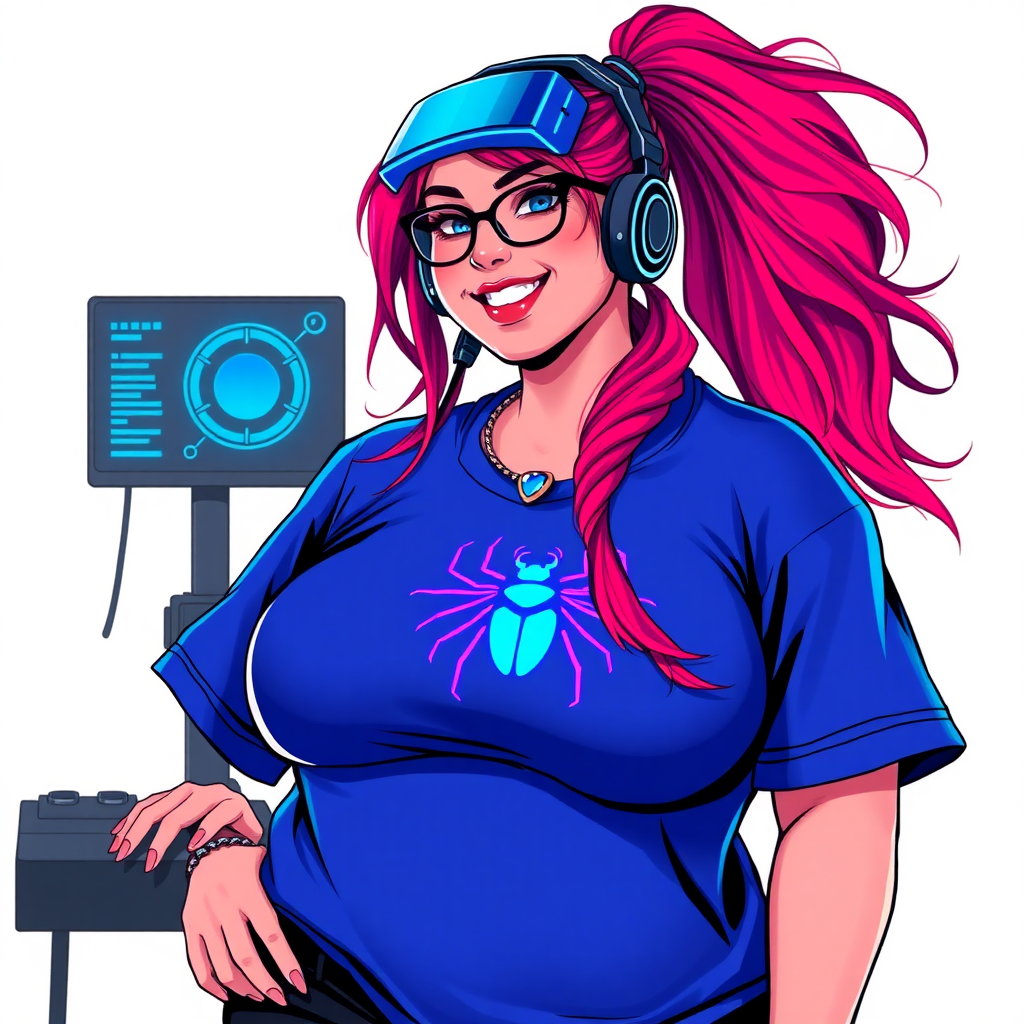 A cyberpunk vigilante’s full-figured intelligent and tech-savvy 29-year-old girlfriend, who is a computer hacker and tech genius. She has a long ruby red ponytail and bright blue eyes. She wears a sapphire beetle gemstone necklace, and an oversized maximum blue t-shirt featuring a neon blue glowing icon of a beetle on its chest. She has a full-figured physique with a prominent, gargantuan, round midsection, reflecting her well-cared-for lifestyle. She sports a sapphire headset with hi-tech maximum turquoise lensed HUD visor, black eyeglasses, and a beaming smile with a passionate bright red blush. Despite her figure and a lack of self-esteem, she radiates beauty. She has a slim face which contributes to her radiant beauty. She serves as his tech expert from his hideout, diligently working at her lab table and computer desk. The background is solid white. She is drawn as if she was in a retro 2D cyberpunk fighting game.