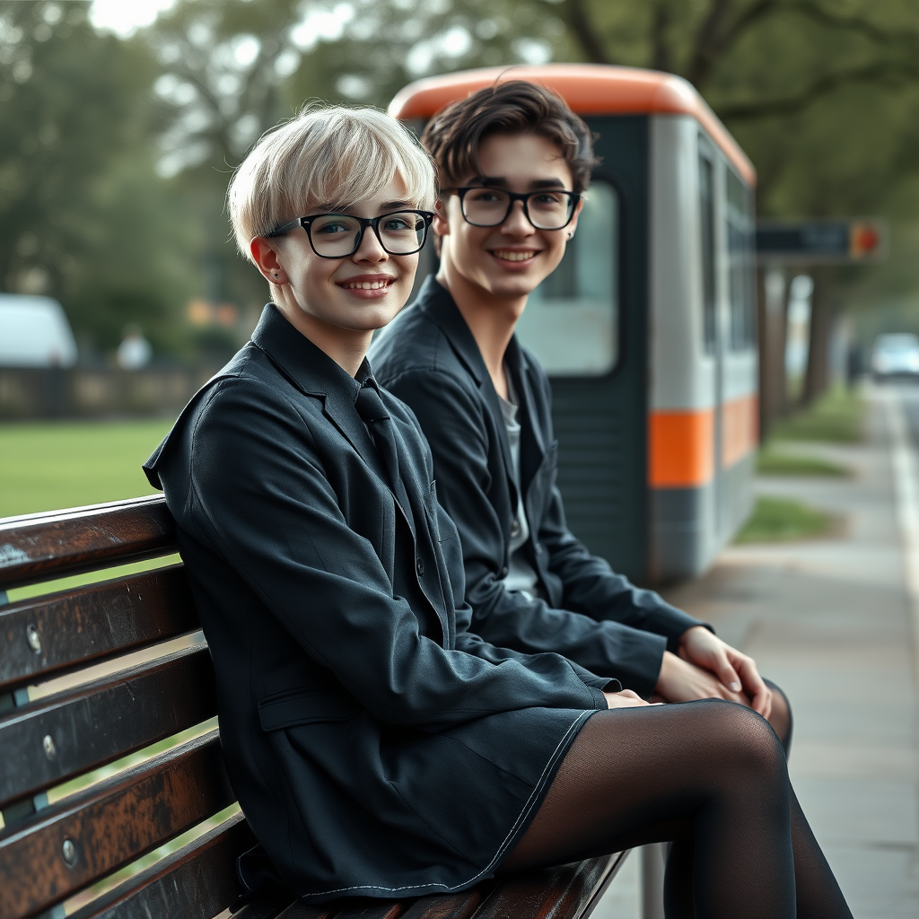 photorealistic, ultra high resolution, 16K, surreal fantasy, soft studio lighting, a pretty 18 year old goth male, slim male physique, short blonde hair, black glasses, goth makeup, earrings, shiny black pantyhose, UK girls-school uniform, Mary-Jane shoes, sitting on his boyfriend's lap on a bench waiting for the school bus, in daylight, excited smile, facing the camera.