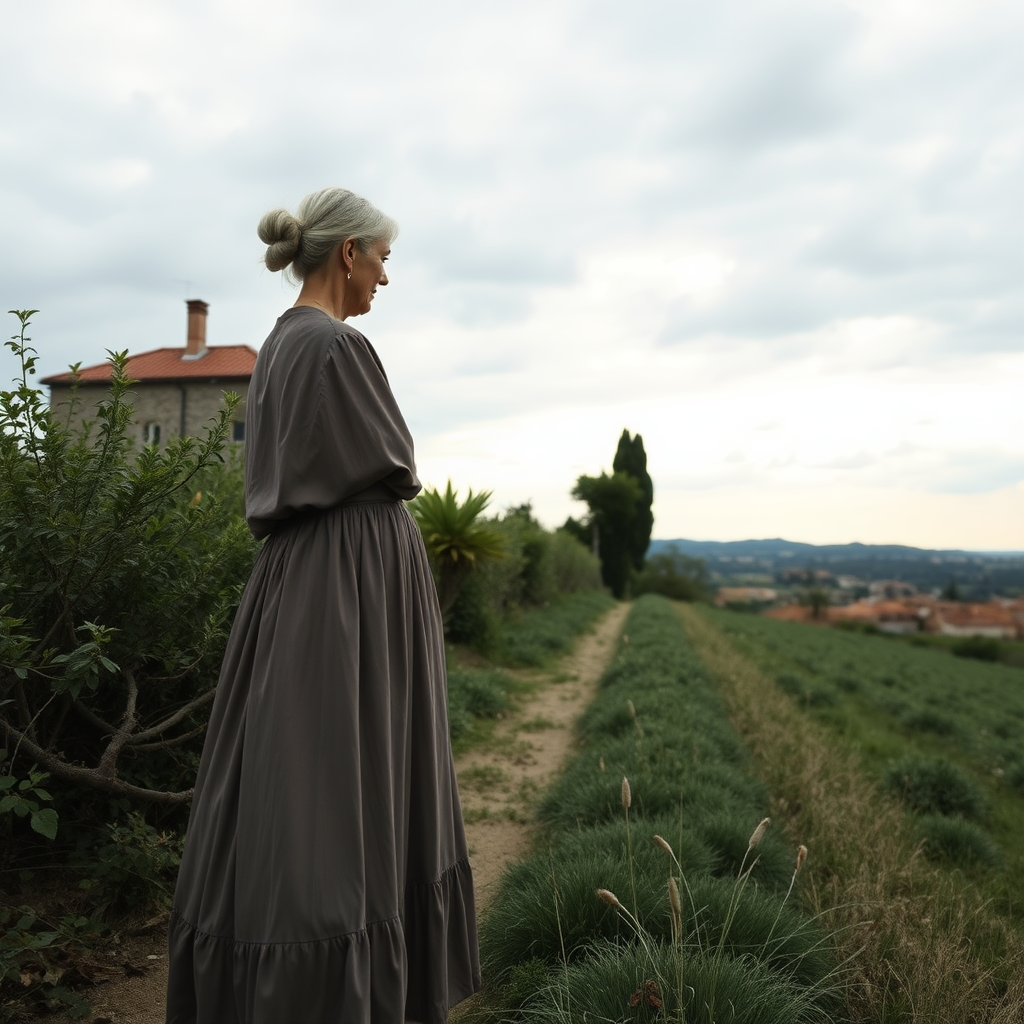 An elderly woman in a long dress in the Venetian countryside, with her hair tied up, on a very cloudy sky.