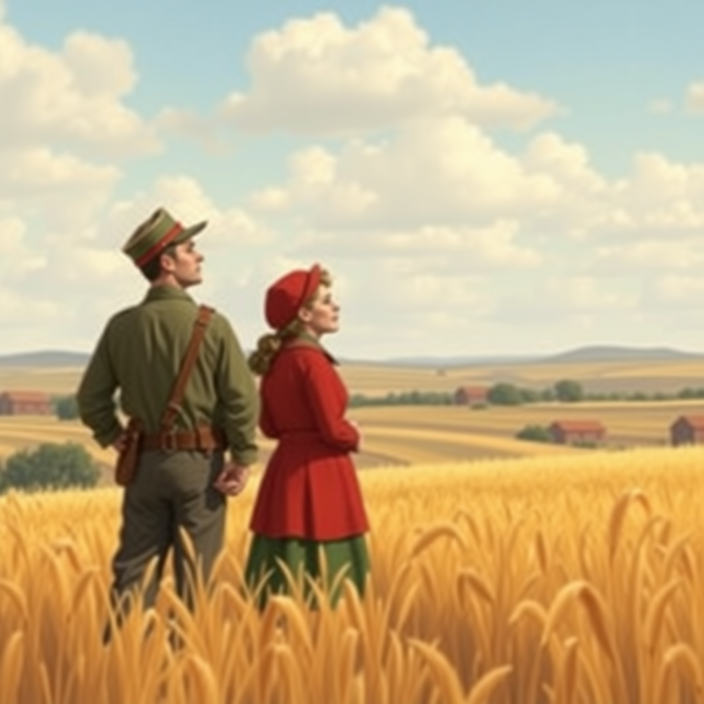 A Soviet working man and woman in a field looking to the horizon but in the style of a children's book.