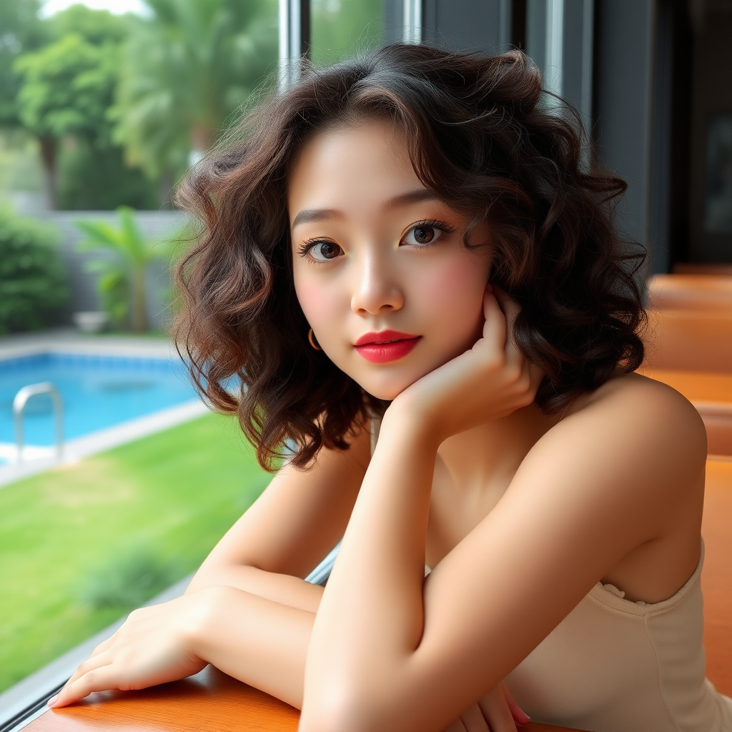 A young 18-year-old beautiful Xiaohongshu blogger, with fair skin, big eyes, curly hair, an oval face, and very slender, is sitting in a cafe, leaning on the table, with green grass and a swimming pool outside the window.