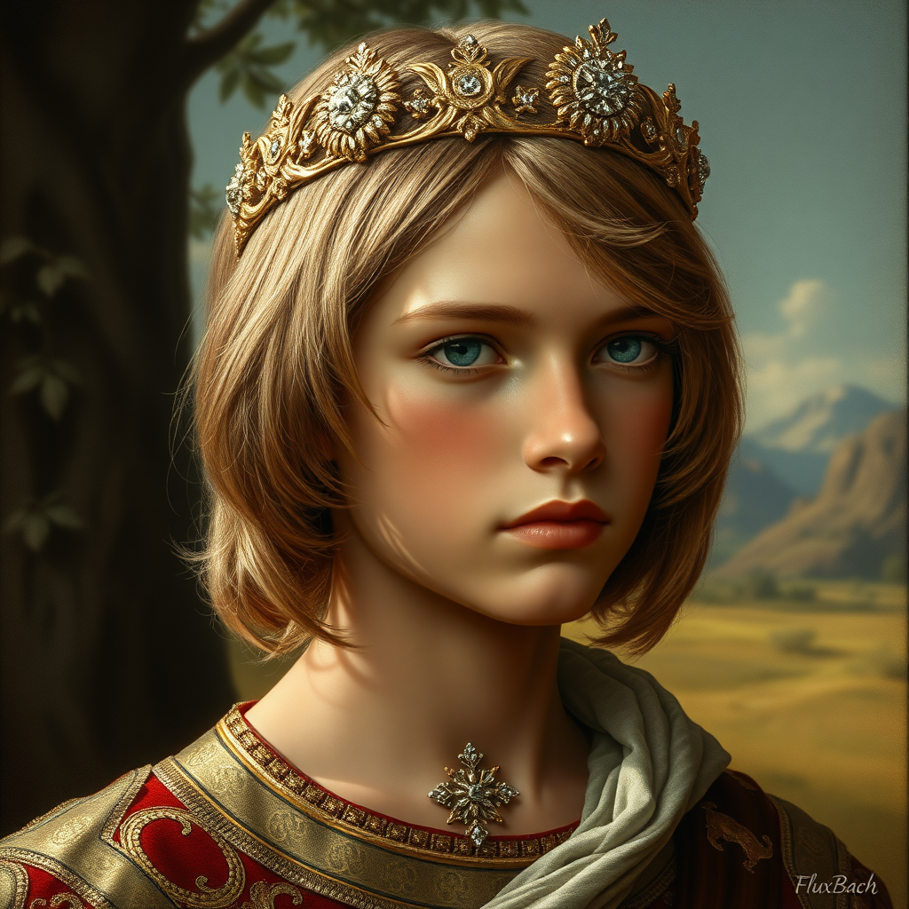 16yo teen boy prince, 40% skinny, long bob cut, embroidered with gold and diamonds medieval cloths, diamond diadem and Beautiful War, natural Skin Texture, skin tanned and rough like a Boy Scout, visualization of embossed Skin using the play of light and shadow. Free style by 50% Adolphe William Bouguereau, Academic realism and 15% Sandro Botticelli, early Renaissance and 35% Otto Lomüller, Boy Scout photorealism, The background is in the style of landscape style by Antonio del Polaiolo. Generating the signature at the bottom: FluxBach. ultra high resolution, 16K,