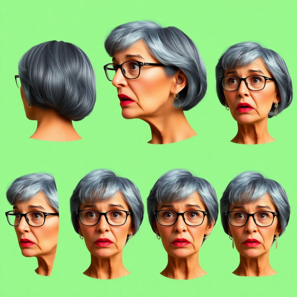 Photorealistic image of six headshots of a 50 Years old, fit, European, Latina, sharp aquiline nose, wrinkles, high cheekbones, Middle Eastern, Skinny, Tanned skin, Dark light skin, full Makeup, jewelry, Sharp nose, exaggerated expression, surprised, astonished, delighted, mouth open, dark grey Ash hair, short bowl haircut, Brown eye color, Glasses, with detailed features. Each photo displays the same face in back, profile and front view, cut out and isolated on a green background. All six heads are visible side by side, empty space around each view, no overlapping.