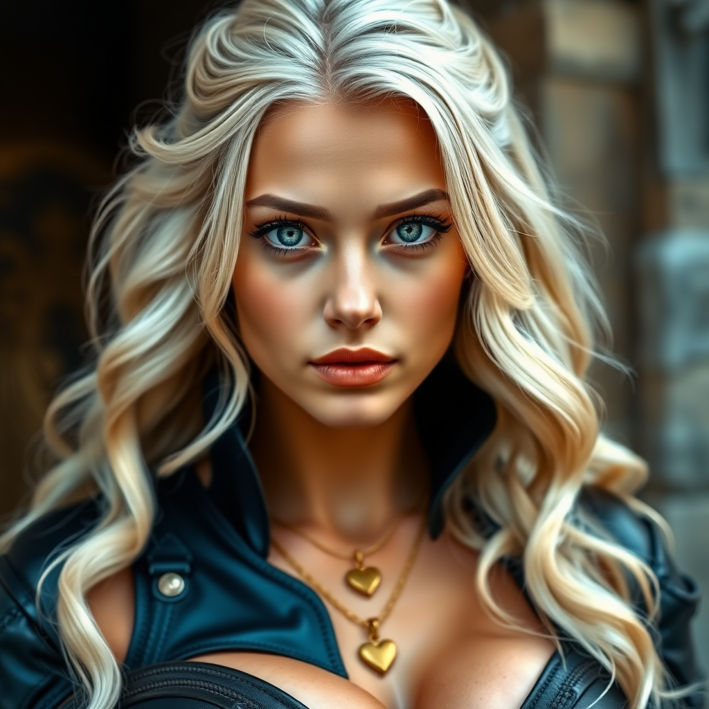 Portrait of a beautiful young woman with long wavy platinum blonde hair, green eyes, a suntan, light brown eyebrows, and large breasts. She is wearing black leather armor and a gold necklace with a small heart pendant.