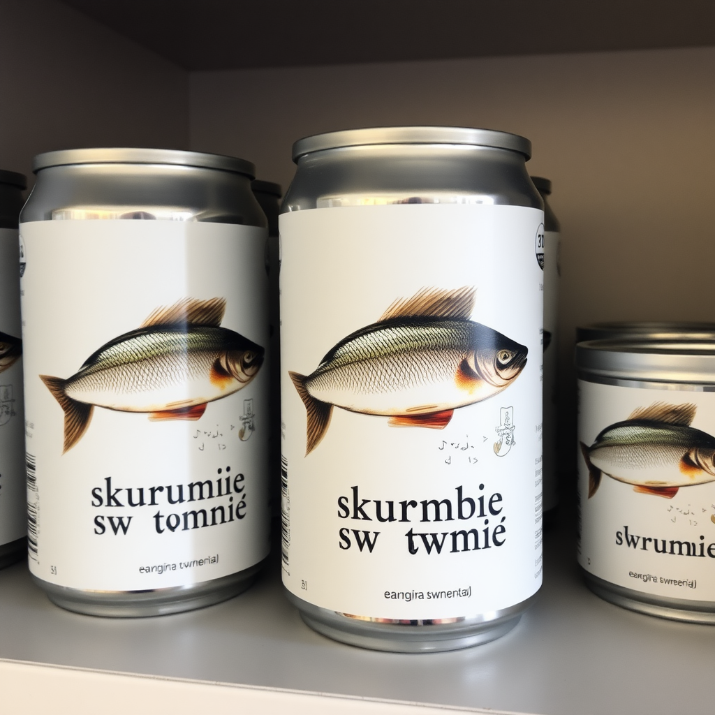 a small shelf with cans that have an image of fish on the label and text saying "skrumbie w tomacie"