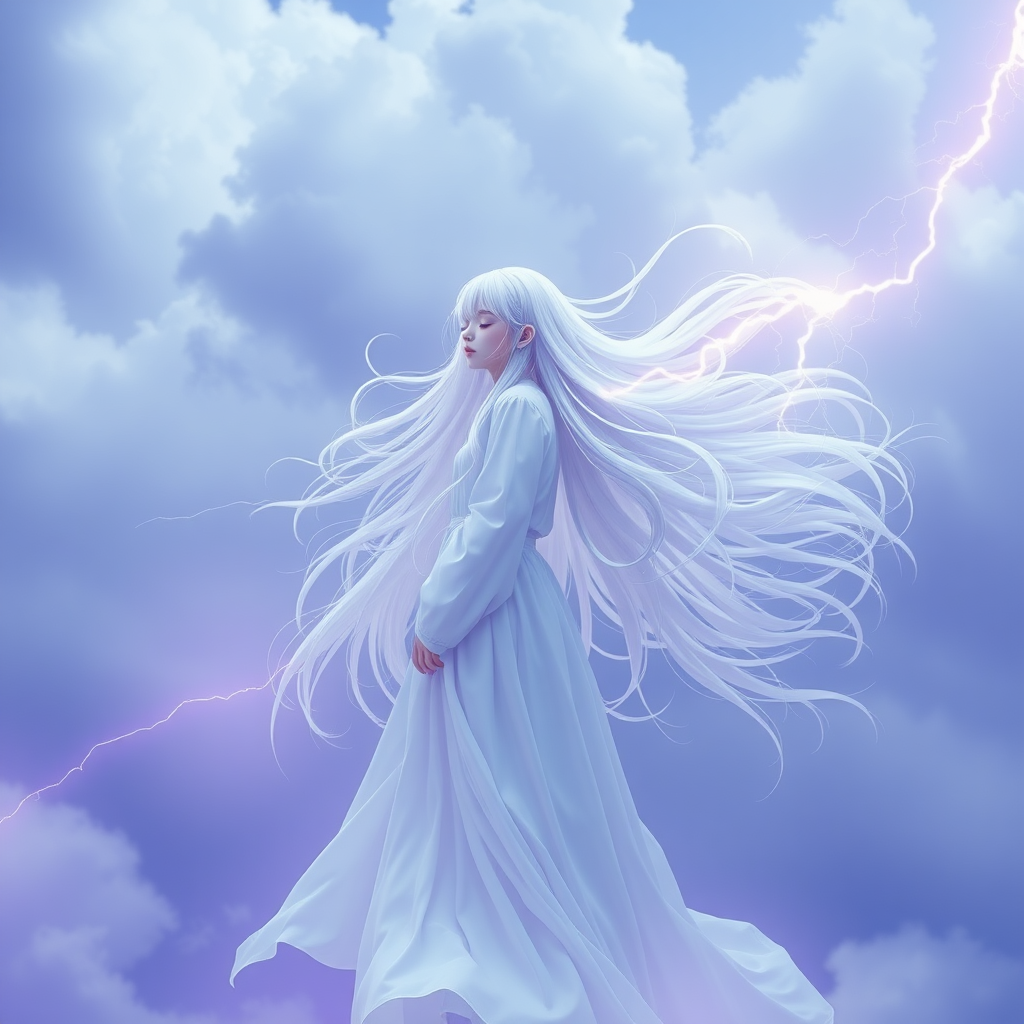 1 girl, solo, long hair, closed mouth, closed eyes, white hair, sky, clouds, white floating, floating hair, cloudy sky, long dress, electricity, purple lightning, 3D movie quality, real photo, rich in detail, ultra high resolution, 32K UHD, sharp focus, best quality, masterpiece, superb detail, delicate balance, with exquisite textures, concept art, mid-air, eyeshadow, makeup, purple atmosphere