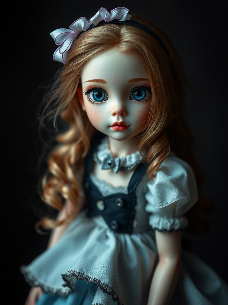 Alice in Wonderland, ooak art doll, artist doll, realistic doll, life-like porcelain doll, unique personality, stunning eyes, bisque doll, portrait photography, low key lighting, dept of field, studio photography, full body shot, lively pose