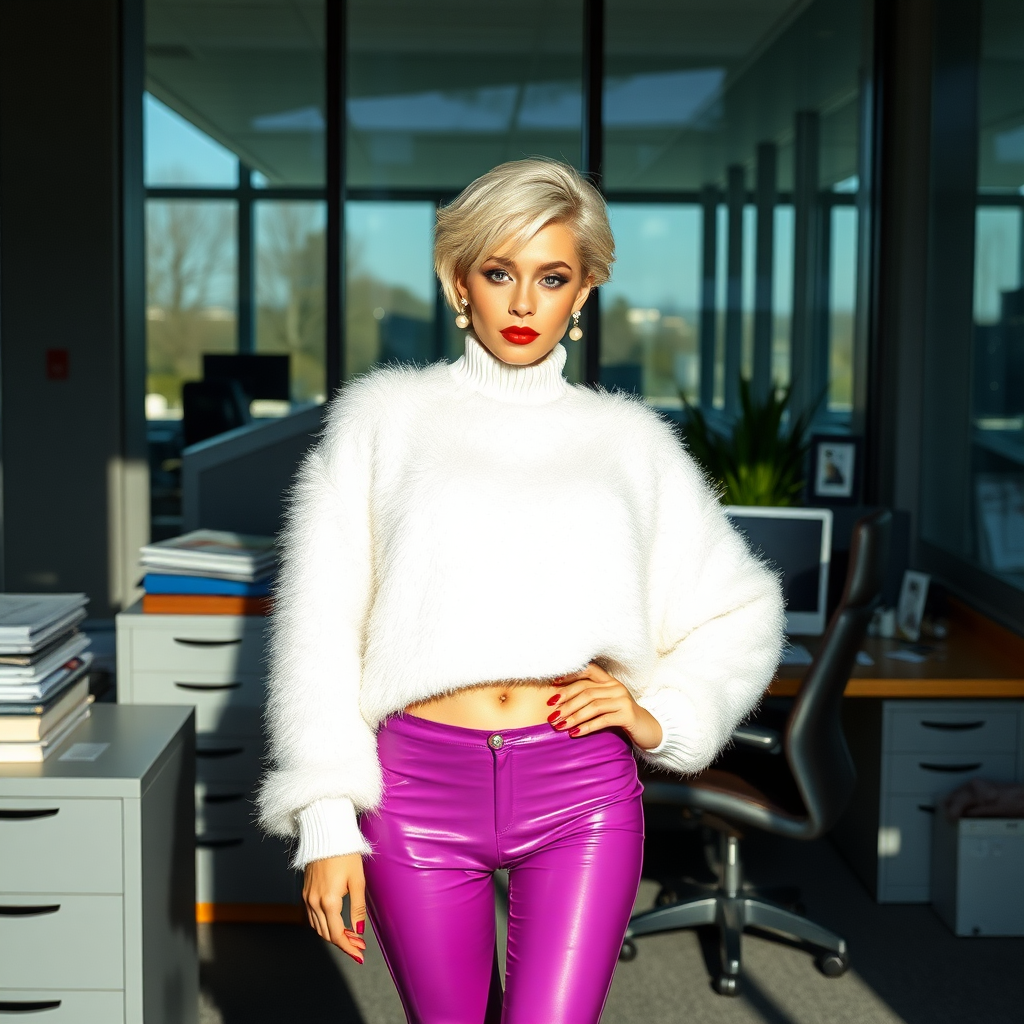 Sunny spring morning, modern glass-steel-concrete office, standing gracefully at Xerox: Nina, 17 years old very convincing femboy, tamed servile docile, very beautiful feminine flawless face, rather short, by hormones very curvaceous womanly figured, platinum blond short tight curls, French nails, bold red lips, heavily made-up face, 80s fluffy very fuzzy bright white angora extremely-cropped batwing-sweater with oversized fuzzy turtleneck, purple shiny vinyl leggings, white boots with golden high heels, white pearl belly piercing, gold earrings, seductively looking at camera. Full view.