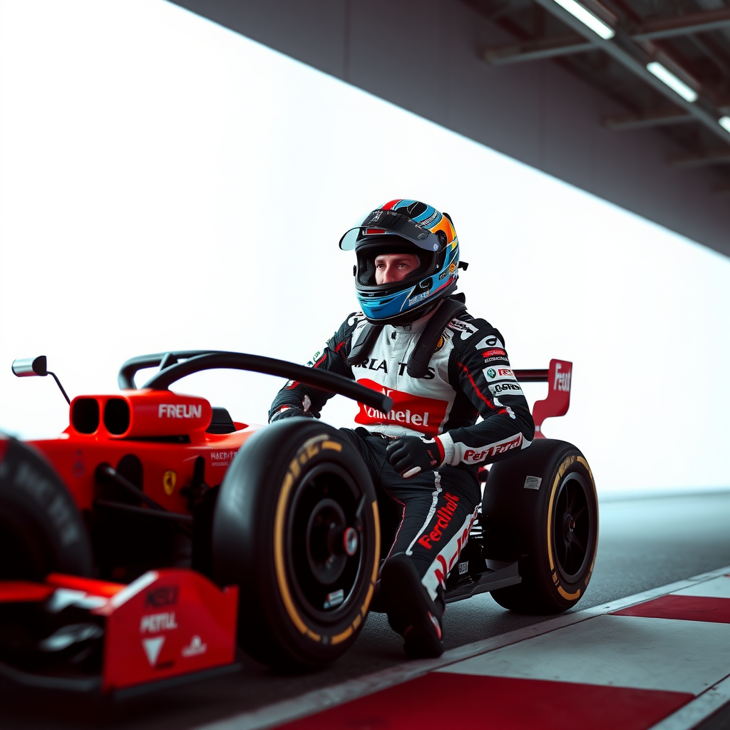 f1 racer in gear photoshoot