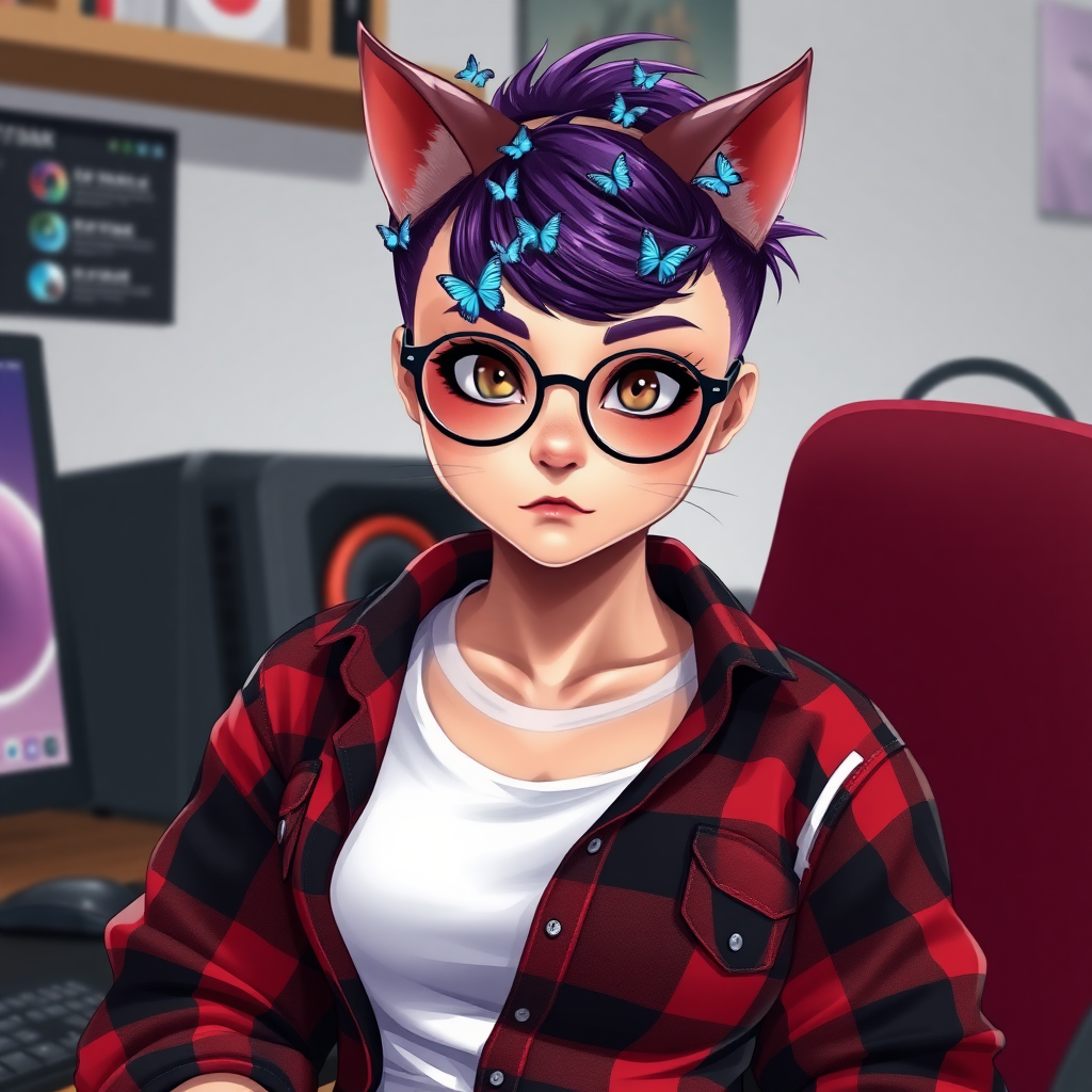 female lesbian cat-man flat chest serious chestnut color with small blue butterflies on the head, a round head, with a purple undercut hairstyle, hazel eyes, dimples on the cheeks, chubby cheeks, wearing semi-round glasses, a red and black plaid shirt opened over a white t-shirt, in front of a desk with a gaming PC, in digital art