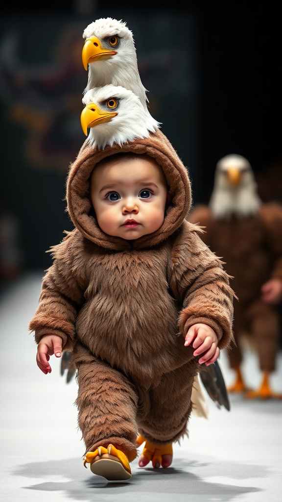 A cute small chubby fair baby with big eyes, pink lips, and pink cheeks wearing a furry cozy eagle costume doing a ramp walk in a fashion show, walking with a real eagle, with a cinematic eagle sitting on the baby's head.