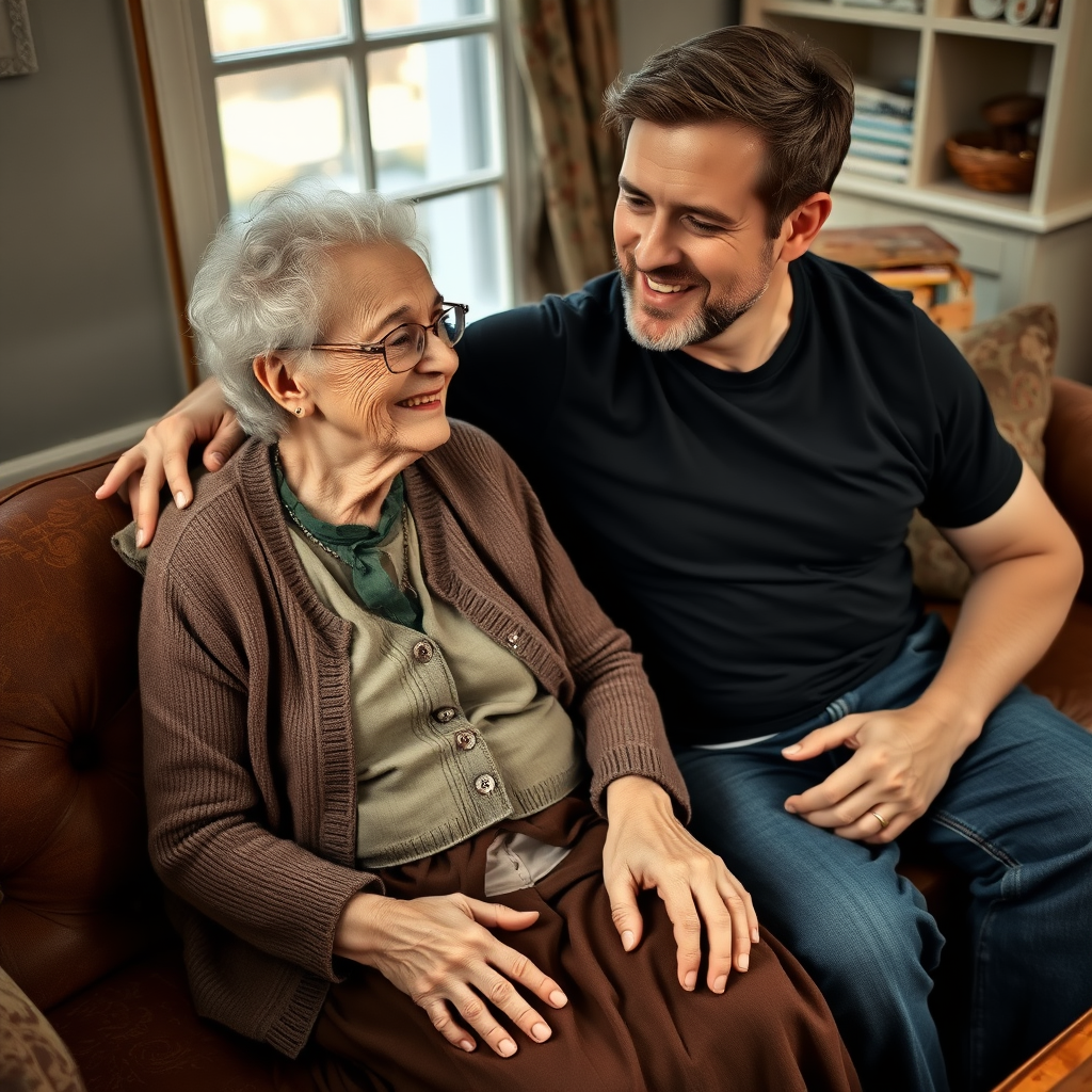 In a scene viewed from an angle and slightly above: In an old-fashioned English living room, a very frail and thin, very elderly English lady with a kind smile, short, thinning white curly hair, wrinkled face, neck and skin, wearing thin framed glasses, an old cardigan, blouse and long skirt is sitting on a sofa with an English man about 40 years old, grey stubble on his chin, brown hair, sitting close next to her on the same sofa, wearing a black T-shirt and dark blue jeans. The man and woman are smiling at each other. The woman is looking at the man's eyes and smiling. The man is looking at the woman's eyes and smiling.