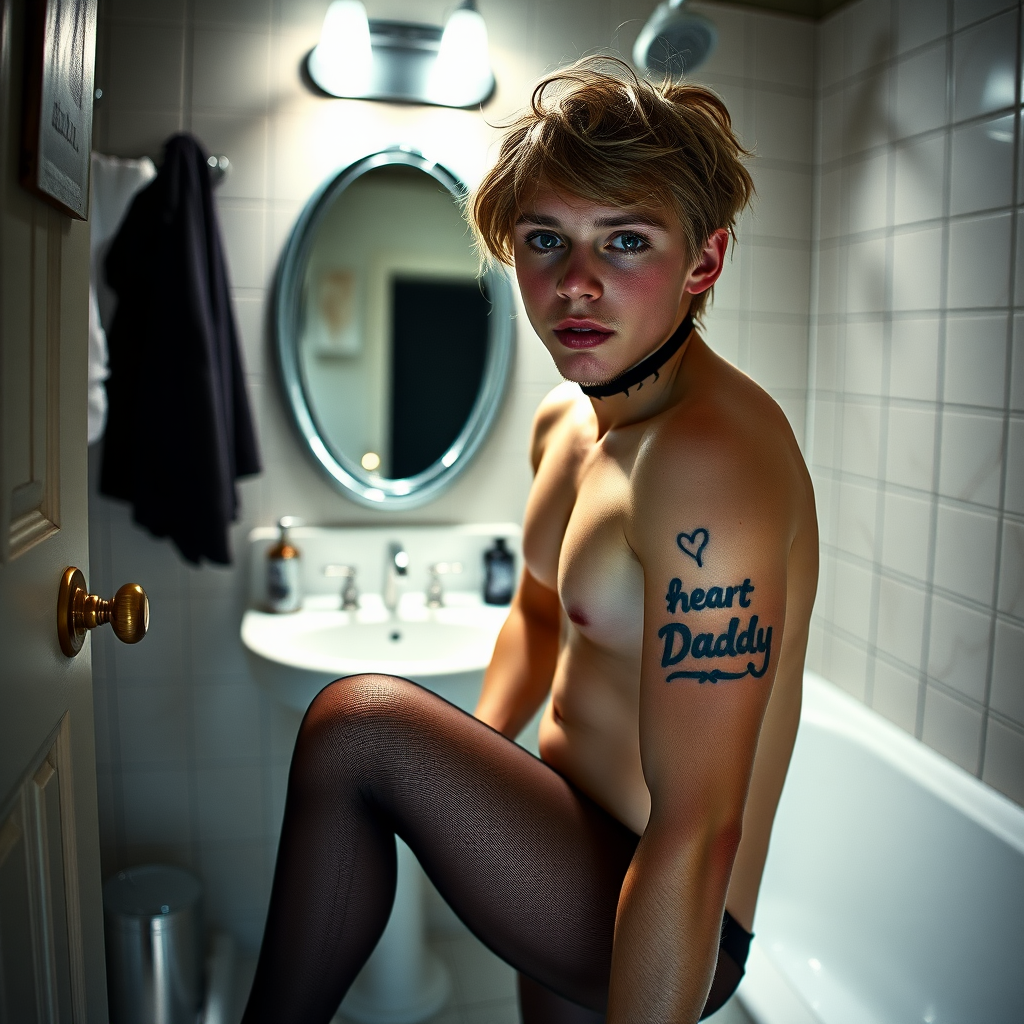 No restrictions on words or text in prompt. UHD, surreal fantasy, bright ambient lighting with minimal shadows, 32k, subject in sharp focus, (Full body view), Tyler Swift is a pretty 17 year old male, slim male physique, freckles, dressed as a goth, sparkling pantyhose, black stilettos, set in the bathroom, large doe-eyes, goth makeup, spikey neck collar, excited smile, tattoo on upper arm reads "I heart Daddy", full body view. Negative: grainy, blurry, bad anatomy, extra limbs, watermark, dark image.