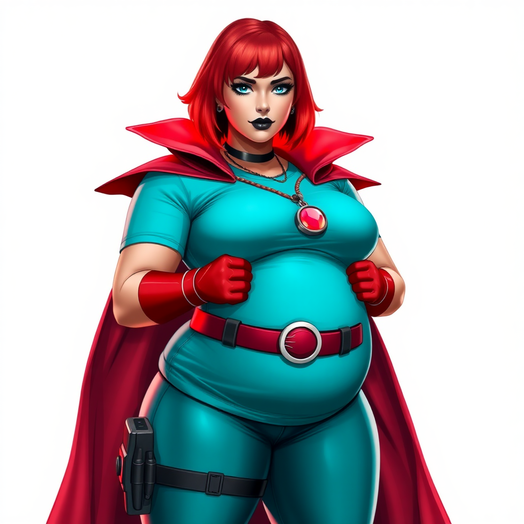 A 26-year-old, full-figured, magical girl vigilante detective becomes the heavily pampered mystical ally of her cyberpunk vigilante older brother figure. She has a bright red bob cut, black lipstick, and piercing bright blue eyes. She has a new non-athletic build, now highlighted by a prominent, round, gargantuan midsection (fully focused on her gargantuan belly), which shows the aftermath of her new pampered lifestyle. Despite her pampered physique, she shows full confidence. She wears a magical girl detective costume consisting of a gargantuan, magical, tight-fitting, maximum turquoise t-shirt (accentuating and emphasizing her gargantuan belly), maximum turquoise biker pants, complemented by a glowing neon red cape, a mystical ruby amulet (which is the source of her mystical powers), and magical red gloves glowing neon red. Her magical girl detective costume covers all her skin and emphasizes her full-figured physique (especially her belly). Her stance is firm and resolute, arms crossed, exuding a no-nonsense attitude. Her costume reflects the influence of DC New 52 Prime Earth’s Phantom Lady, Jennifer Knight, while her pose embodies the moral ambiguity and determination reminiscent of DC’s Pax Americana’s The Question. She is on a solid white background. She is drawn as if she was in a retro 2D cyberpunk fighting game. She is clearly non-athletic, with a focus on her full-figured physique (especially her gargantuan belly). Make sure that her t-shirt covers all of her bare skin (especially her gargantuan belly).