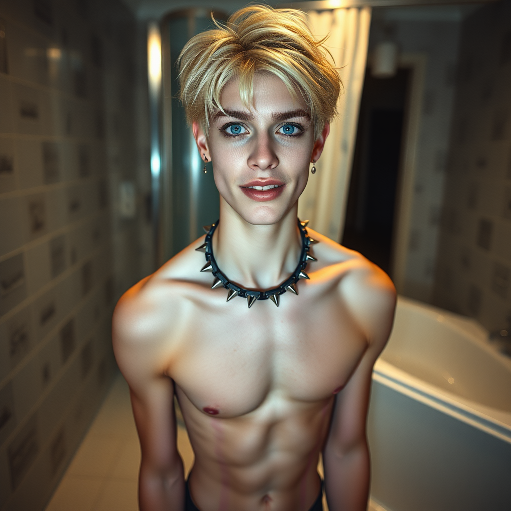 photorealistic, ultra high resolution, 16K, surreal fantasy, soft studio lighting, Caleb Swift is a pretty 16 year old goth male, slim male physique, blonde hair, blue eyes with enlarged pupils, goth makeup, earrings, pink & black vertically striped pantyhose, spikey neck collar with chain, standing on the floor of the bathroom, aroused excited smile, bulging crotch, full body front view of Caleb facing the camera.