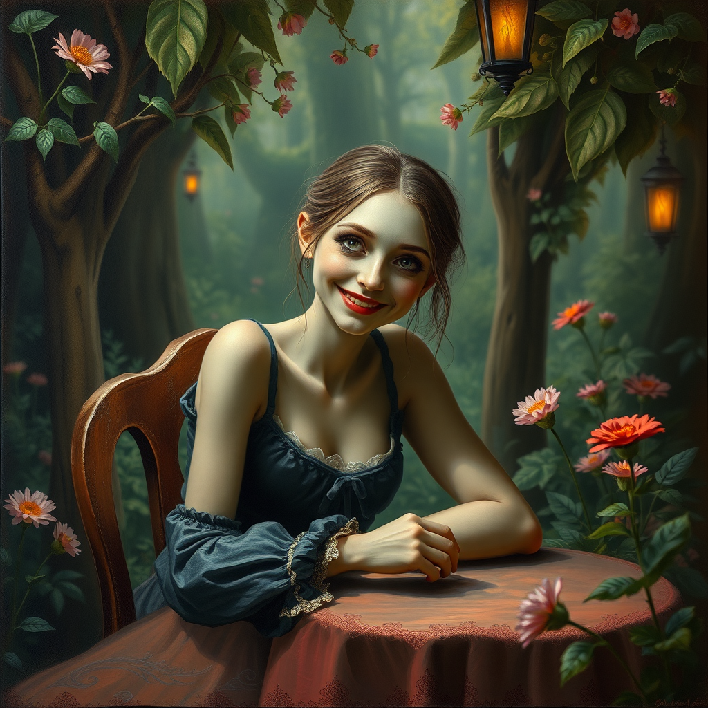 An ugly young lady is sitting in a fairytale garden, she is sitting at a table with a head on the table smiling. Painting with dramatic lighting.