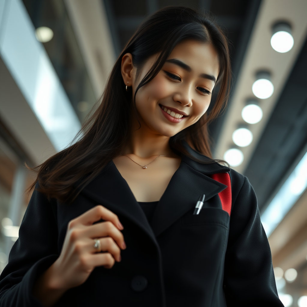 photo low angle full body shot beautiful xiaomeimei smiles looking down and puts a pen in her pocket