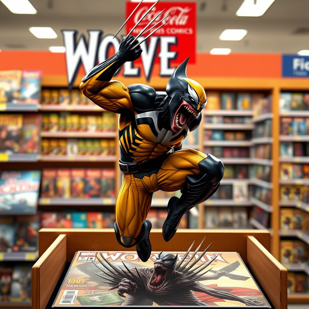 Jumping out of a Comic book cover on a store shelf is Wolverine impaling Venom up in the air over his head in Cinematic Real3D photo-realistic quality.