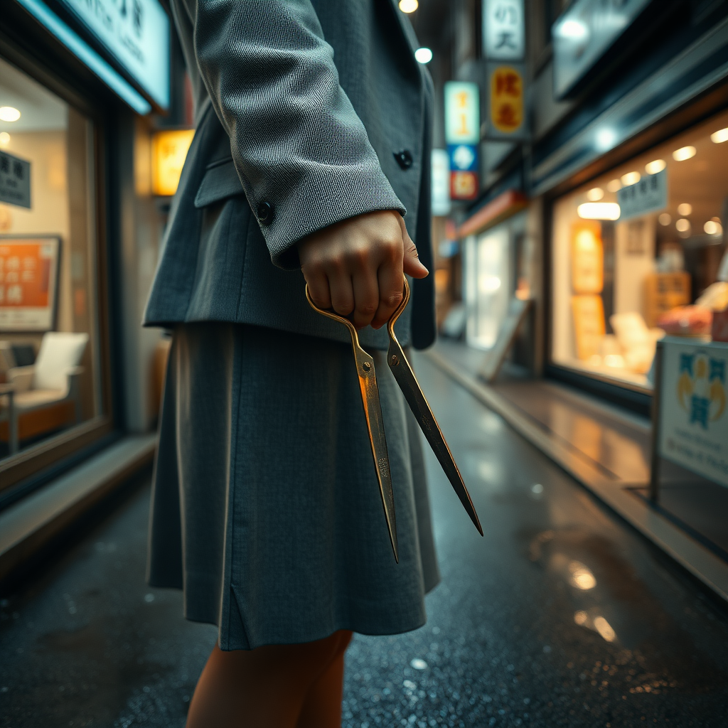 camera focuses on the lower portion of a Japanese businesswoman gripping a pair of long scissors that she holds pointed downward at her right side. She wears a grey blazer and a grey skirt and faces the camera. The lights from the shops in the alleyway glint off of the scissors. The lights from the shops in the alleyway are reflected in the rain puddles scattered on the asphalt of the ground.