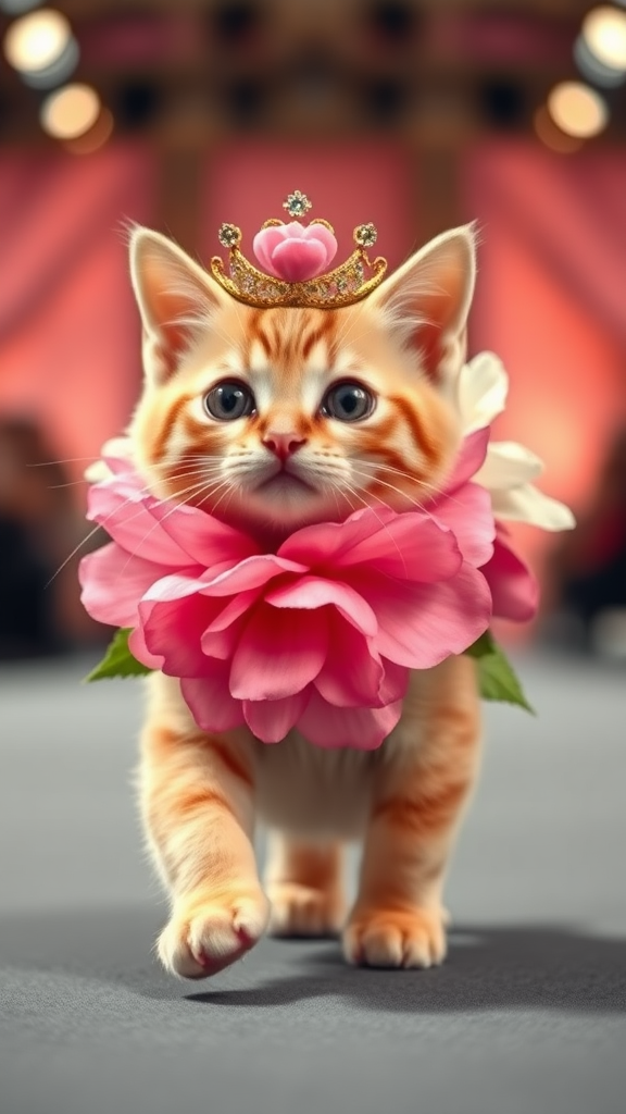 A little chubby cat with big eyes and a pink nose walking on two paws, wearing a real flower costume and a beautiful crown, doing a runway walk in a fashion show.