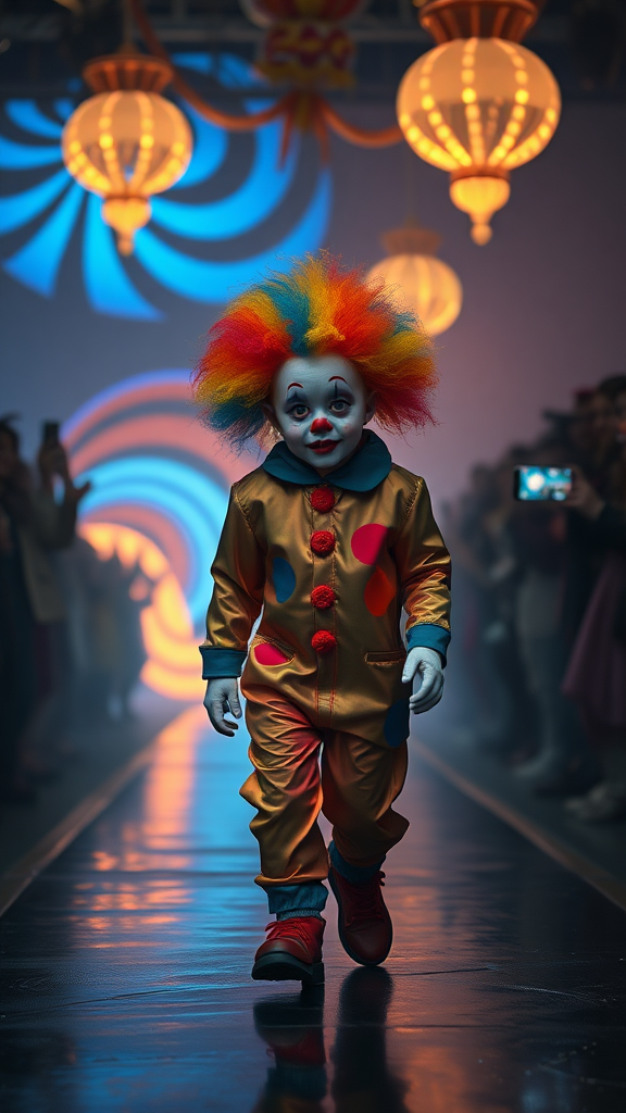 Create an eerie yet captivating scene featuring a small, 3 years old child-like clown walking confidently down a dark runway, surrounded by spectators. The clown wears a brightly colored, rainbow wig that contrasts sharply with its pale, white painted face. The face has exaggerated, creepy makeup with thick red lips, black eyebrows, and large red circles on the cheeks. The clown is dressed in a shiny, iridescent jumpsuit with vibrant rainbow patterns, slightly oversized and reflecting the soft glow of the stage lights.

The background features swirling, abstract light patterns in blue, orange, and yellow hues, creating a surreal and unsettling atmosphere. The audience, dimly lit on either side, holds up their phones and cameras to capture the moment, but their faces are mostly obscured in the shadow, adding to the mysterious mood. Overhead, several more colorful lights and hanging decorations give a circus-like vibe, but the overall tone is more eerie than playful. The ground is wet, reflecting the lights above, creating a sense of depth and texture, adding to the haunting atmosphere.