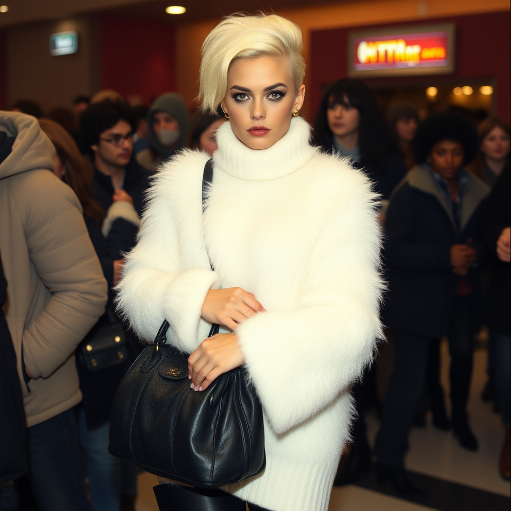 1990 winter evening, crowded cinema lobby: Sam, 19 years old beautiful involuntary femboy, rebellious intractable character, petite boyish figure, platinum blond boyish rebel punk hairstyle, flawless heavily made-up face with sharp arched tattooed eyebrows, wearing Supertanya-style fluffy very fuzzy bright white angora turtleneck-poncho fully covering body and arms, black leather high-heeled thigh-high boots, gold earrings, puzzled alarmed, black leather handbag, pout serious, impatiently waiting for her master. Focus on Sam’s face and turtleneck-poncho.