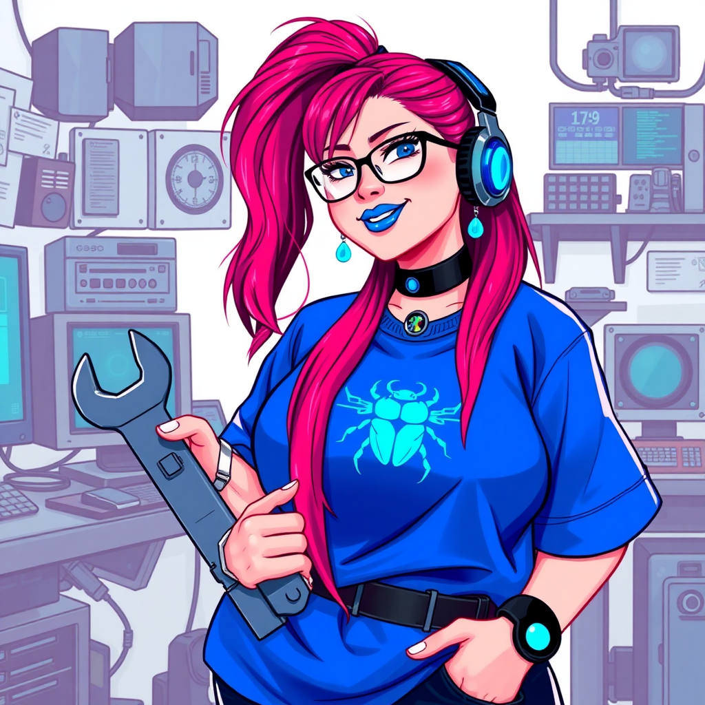 A cyberpunk vigilante’s full-figured intelligent and tech-savvy 29-year-old girlfriend, who is a computer hacker and tech genius. She has a long ruby red ponytail streaked with sky blue. She wears maximum blue lipstick, blue eyes, a sapphire beetle gemstone necklace, sapphire earrings, black eyeglasses, a futuristic holographic wristwatch computer, and an oversized maximum blue t-shirt featuring a neon blue beetle chest emblem. She has a full-figured, well-rounded physique with a prominent, round midsection, reflecting her well-cared-for lifestyle. Her round midsection is broadened and bloated to emphasize her figure. She sports a sapphire headset with a high-tech maximum turquoise lensed HUD, and a shy smile with a neon red blush. She is holding a futuristic hi-tech wrench while standing in her workshop in front of her computer desk and work bench. The background is solid white. She is drawn as if she was in a retro 2D cyberpunk fighting game.