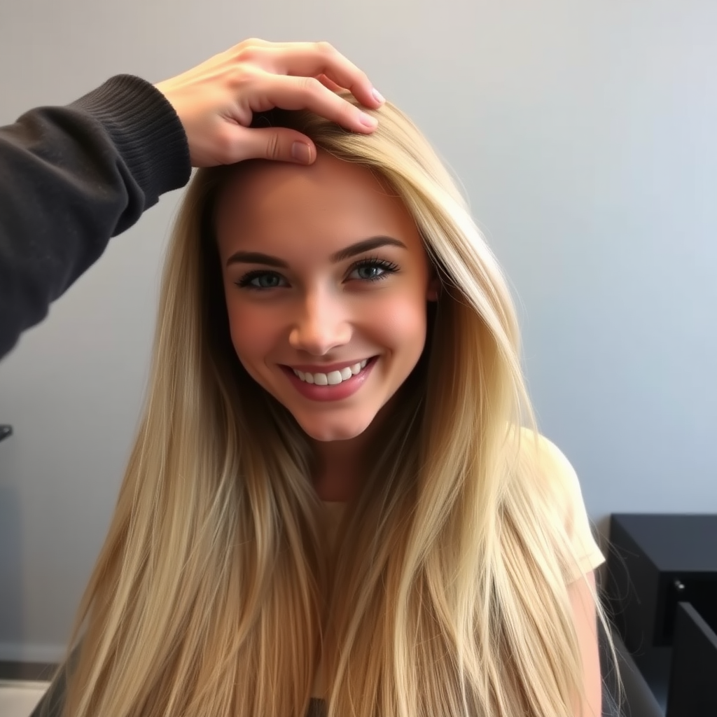 POV, beautiful very long haired blonde woman sitting in a hair salon smiling at the camera while I reach out from behind the camera to massage her scalp. My fingers are in her hair rubbing her scalp. Plain gray background.